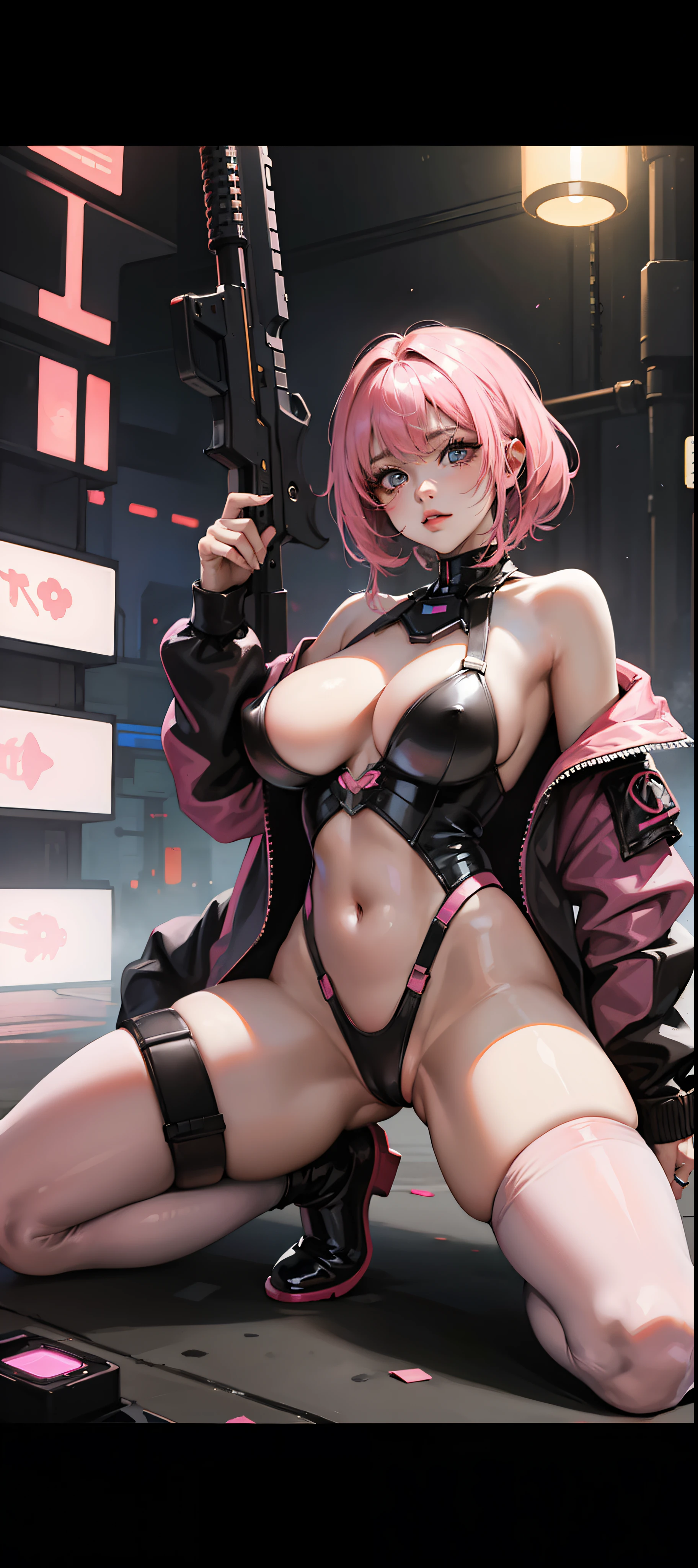 Nsfw,a female Hentai cyborg,arranged posing,doujin,stylish,pussy,busty,pink pubic hair,glamour,pink color tone,psychedelic costume,armored,A Cyberpunk dystopian girl,fantasic dystopia,dystopian scape,bladerunner,ghost in the shell,photorealistic,psychedelic colourful tone,posing,armed,guns,weapons,masterpiece,detailed,8k,dramatic,cinematic,dystopia