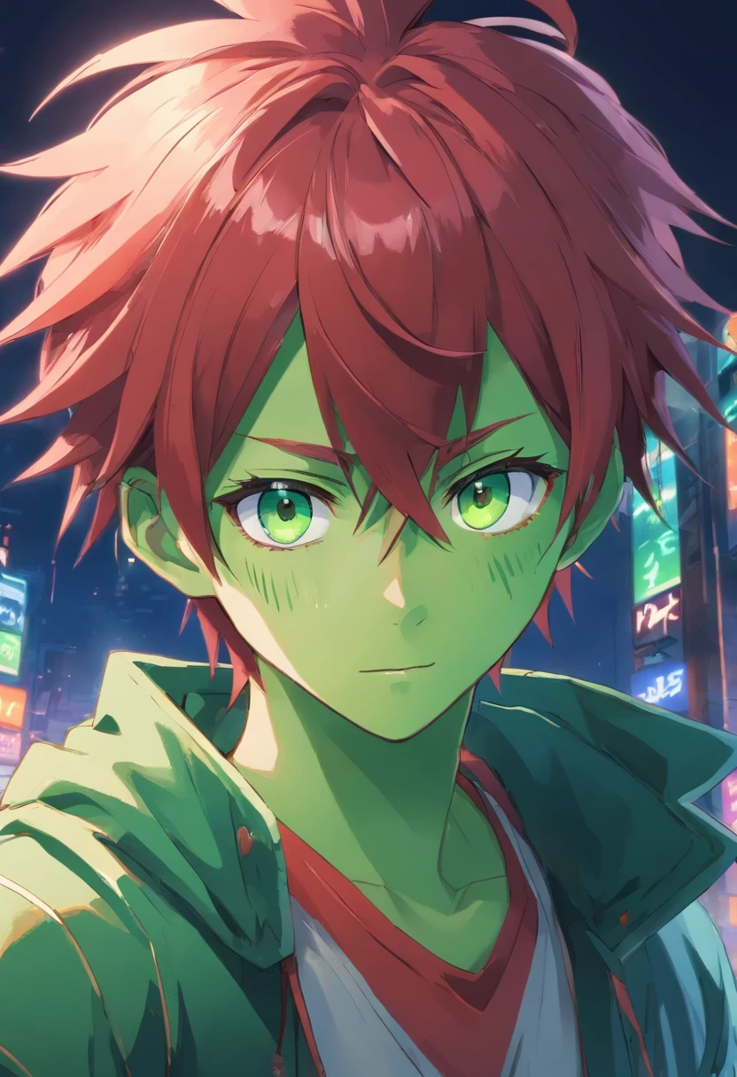 1 boy, battlefield, Red spiked hair, blue eyes, ((green skin)), pointy ears, bloody, smirk, fantasy, ((dark powers))