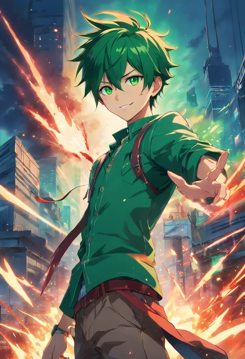 1 boy, battlefield, Red spiked hair, blue eyes, ((green skin)), pointy ears, bloody, smirk, fantasy, ((dark powers))