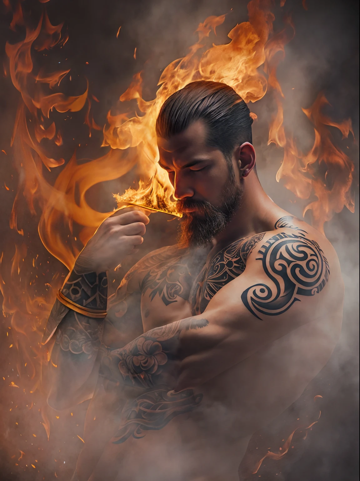 The Angelic Man, fire, mist, Tribal tattoo
PhotoReal, 768x512, Alchemy