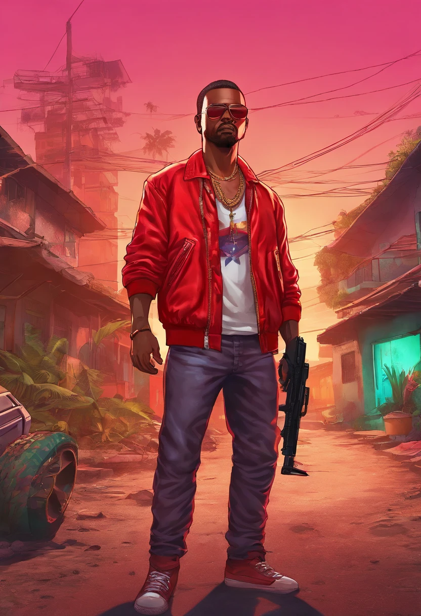 a man in a red outfit in a favela, holding a rifle, (extremely detailed face and body), vibrant colors, (portrait), red color tone, dramatic lighting, (best quality, ultra-detailed, highres), realistic