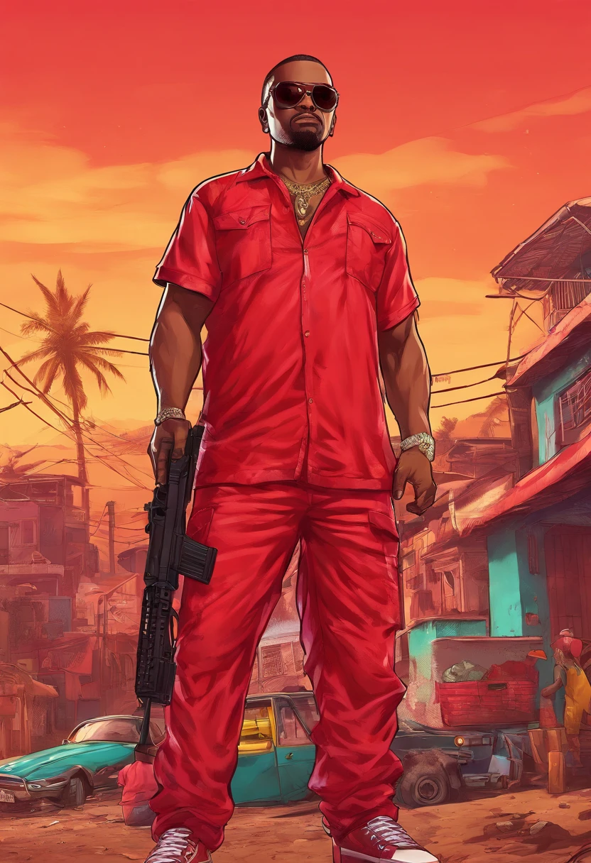 a man in a red outfit in a favela, holding a rifle, (extremely detailed face and body), vibrant colors, (portrait), red color tone, dramatic lighting, (best quality, ultra-detailed, highres), realistic