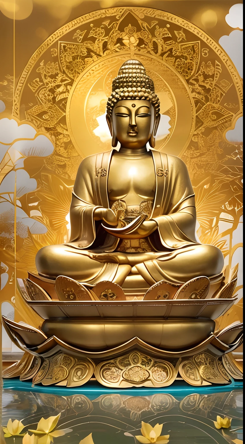 gold huge Great Buddha Sun Goddess of Light delicate Background gold