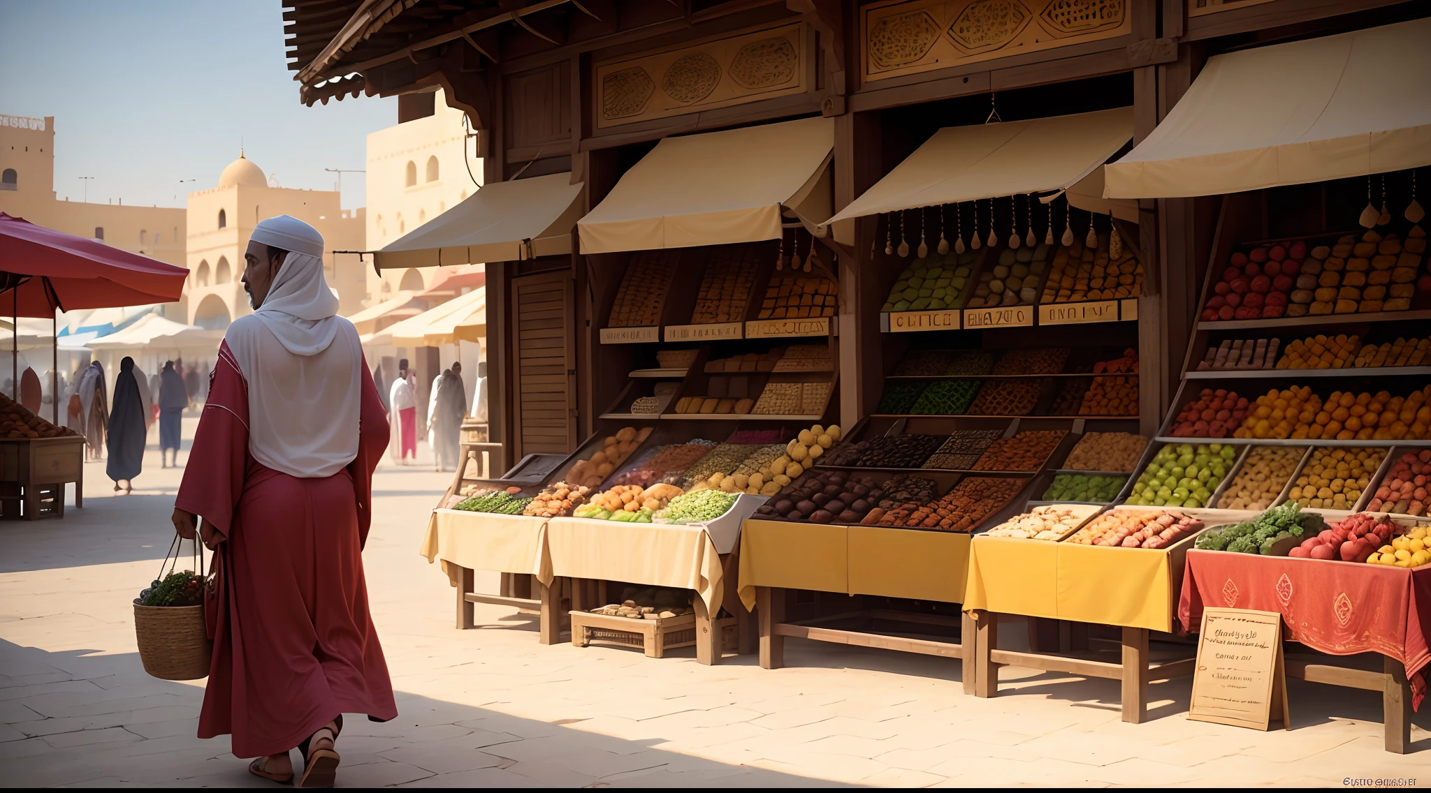 market or bazaar in 15th century Arabia, inland, random views, luxurious, Muslim, Islamic, arabia shops, arabian plaza, mosques' roof, bazaars with Arabia style, Persian Gulf Style or Iranian Style or Persian Style or Arabic Style, sunrise, hot, market or bazaar next to oasis, background is oasis or no oasis, no man, no woman, no girl, no boy, no person, no boat, no ship, no asphalt road