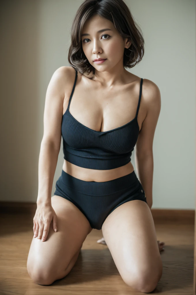 ((Best Quality, 8k, Masterpiece, Portrait)), Photorealistic, Sharp Focus, 1 Beautiful Japan Milf, (looking at viewer, from front, same level), ((Wearing Panties, Sox, Camisole)), Cloth with Cleavage View, 30 Years Old, Wavy Hair, Wrinkles at the Corners of the Eyes, (loose waist:0.5), ((Open your legs wide with one knee up:1.5, show crotch)), (open mouth:0.7), darkness room,