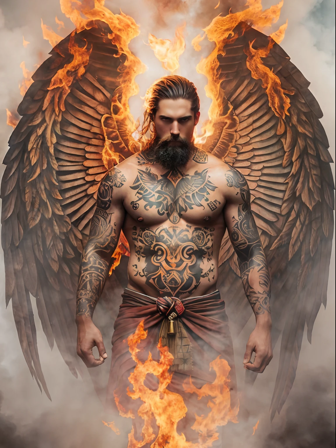 Angelic Man, fire, mist, Tribal tattoo
PhotoReal, 768x512, Alchemy