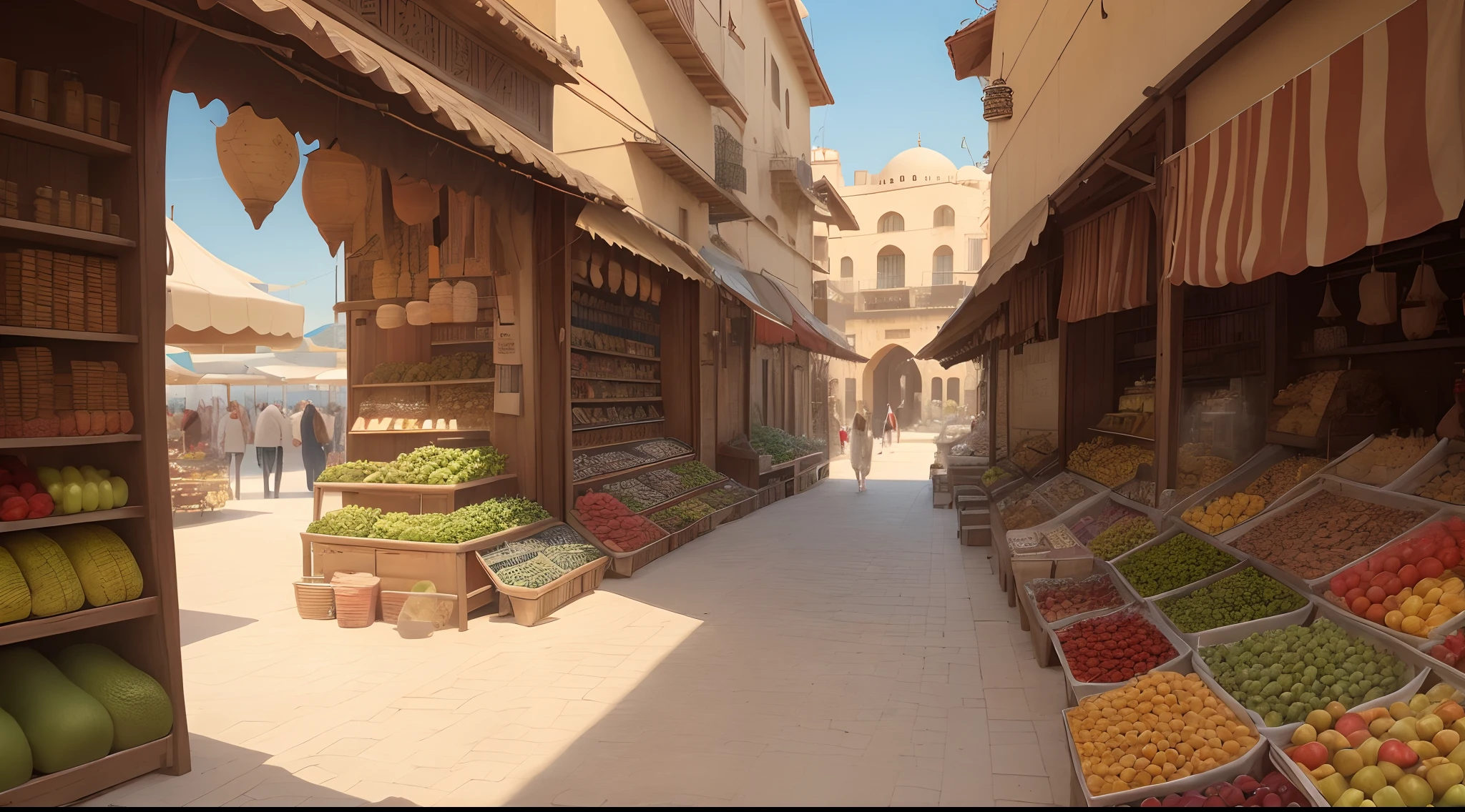 market or bazaar in 15th century Arabia, inland, random views, luxurious, Muslim, Islamic, arabia shops, arabian plaza, mosques' roof, bazaars with Arabia style, Persian Gulf Style or Iranian Style or Persian Style or Arabic Style, sunrise, hot, market or bazaar next to oasis, background is oasis or no oasis, no man, no woman, no girl, no boy, no person, no boat, no ship, no asphalt road