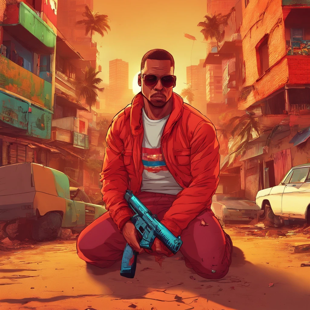 um homem com uma roupa vermelha em uma favela, segurando um rifle, (rosto e corpo extremamente detalhados), cores vibrantes, (retrato), tom de cor vermelha, dramatic lighting, (melhor qualidade, ultra-detalhado, Altas), Realistic