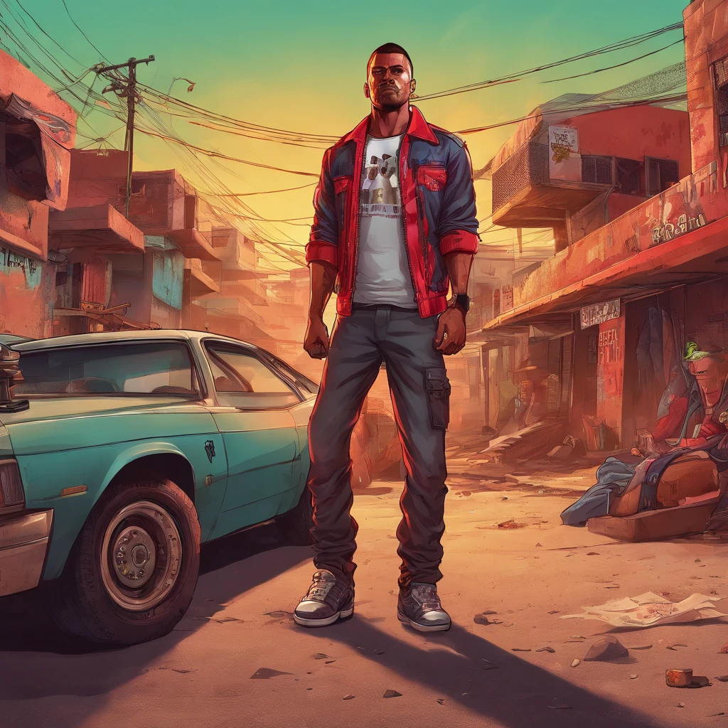 um homem com uma roupa vermelha em uma favela, segurando um rifle, (rosto e corpo extremamente detalhados), cores vibrantes, (retrato), tom de cor vermelha, dramatic lighting, (melhor qualidade, ultra-detalhado, Altas), Realistic