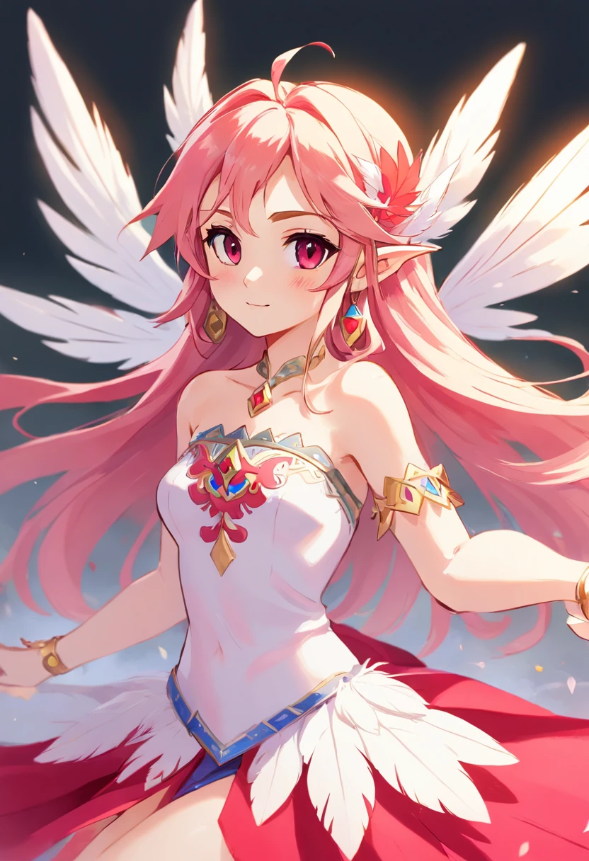 Fairy, soft white feather clothes, red-pink hands and eyes, soft white feather mane of hair, masterpiece, best quality
