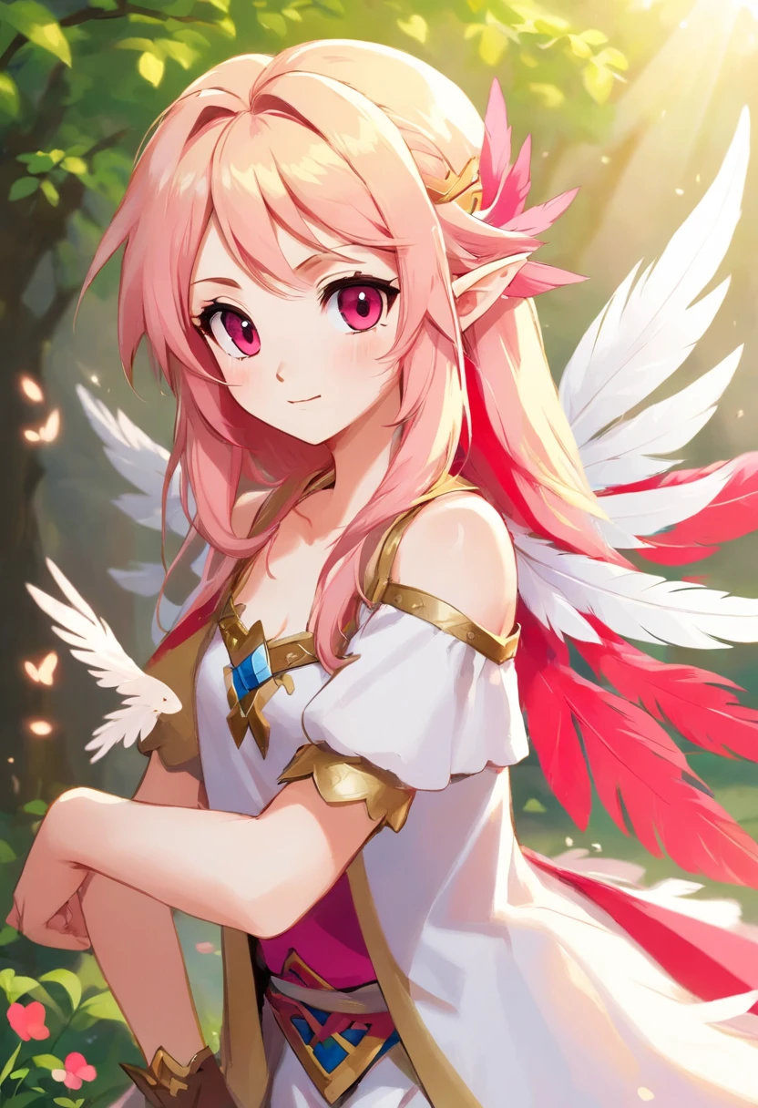 best quality, master piece, Tall, alone, {Circe_FGO:1.15}, pointed_Ears, Pink_hair, Head_Wings, Wings, fringe, femhered_Wings, Long_hair, jewelry, smile, breasts, necklace, blush, small_breasts, multicolored_eye, 1girl, bracelet, looking_at_viewer, blue_eye, white_backstory, tiara,