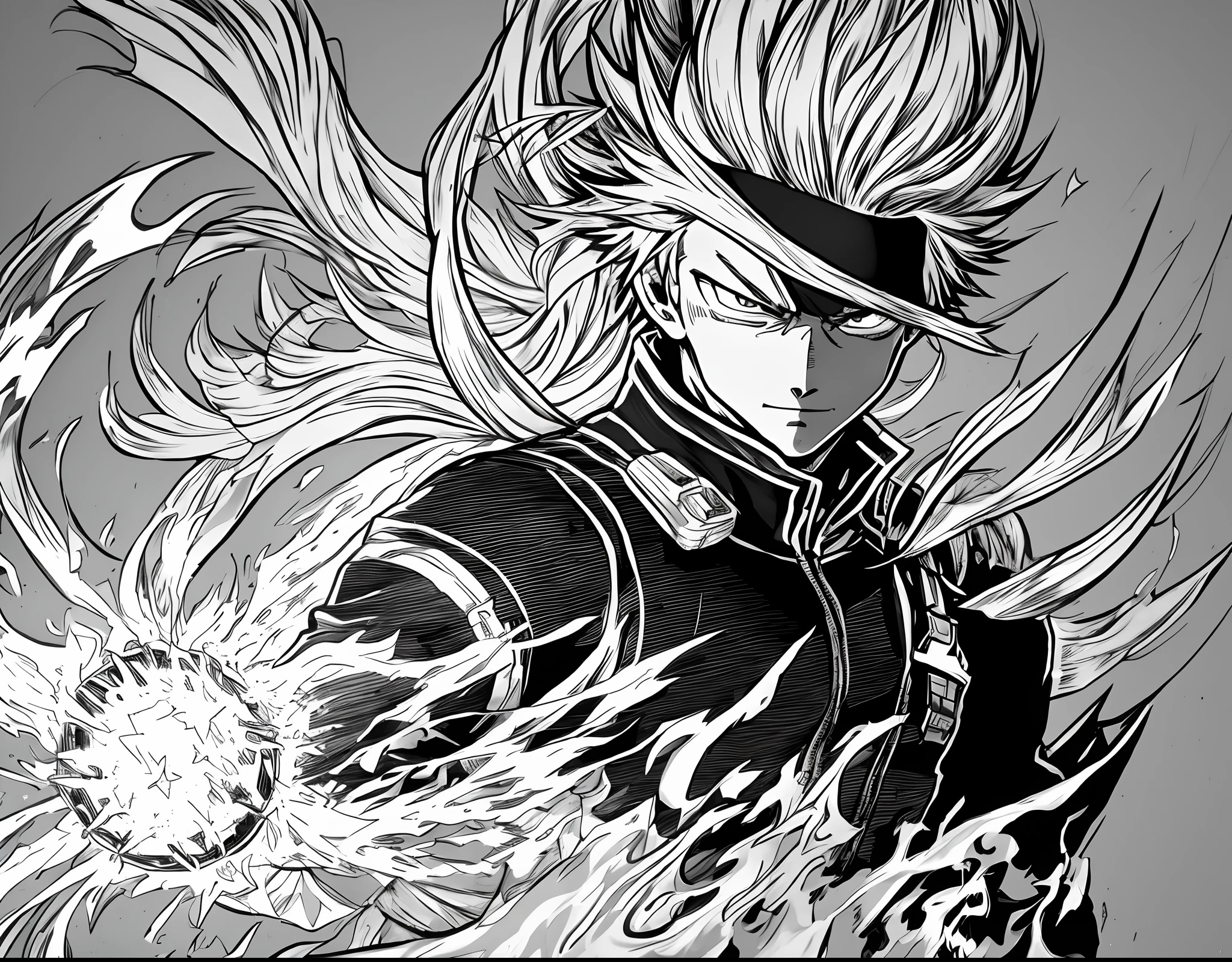monochrome, lineart, He has the power of fire، golden hair، My hero academia drawing style