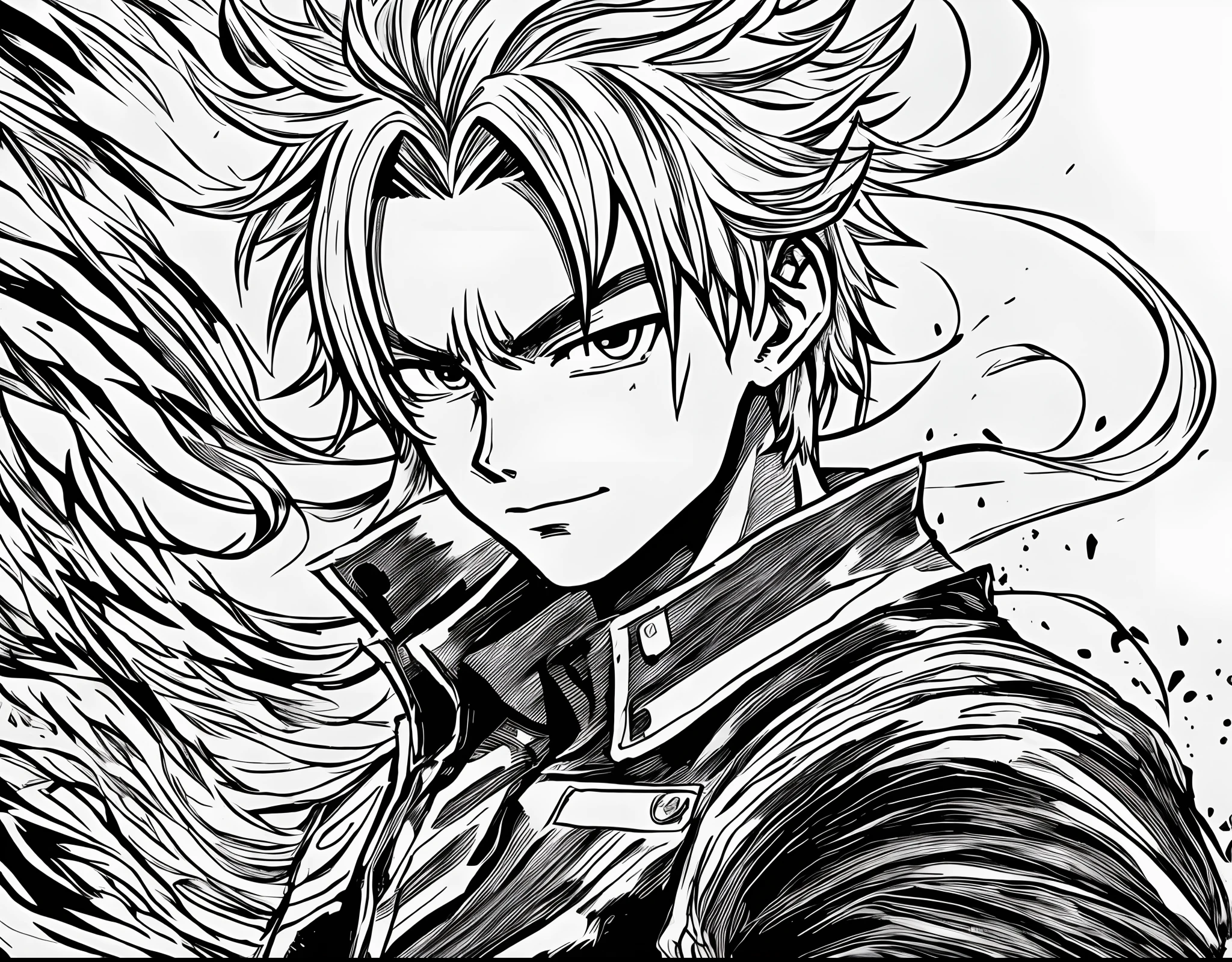monochrome, lineart, He has the power of fire، golden hair، My hero academia drawing style