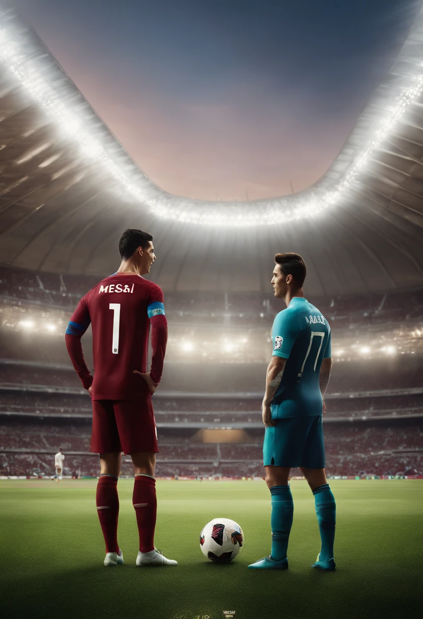 disney pixar type character of cristiano ronaldo and messi looking towards eachother with "vs" sign written between them. backgrond of qatar stadium with a worldcup. poster ,3d render , cinematic