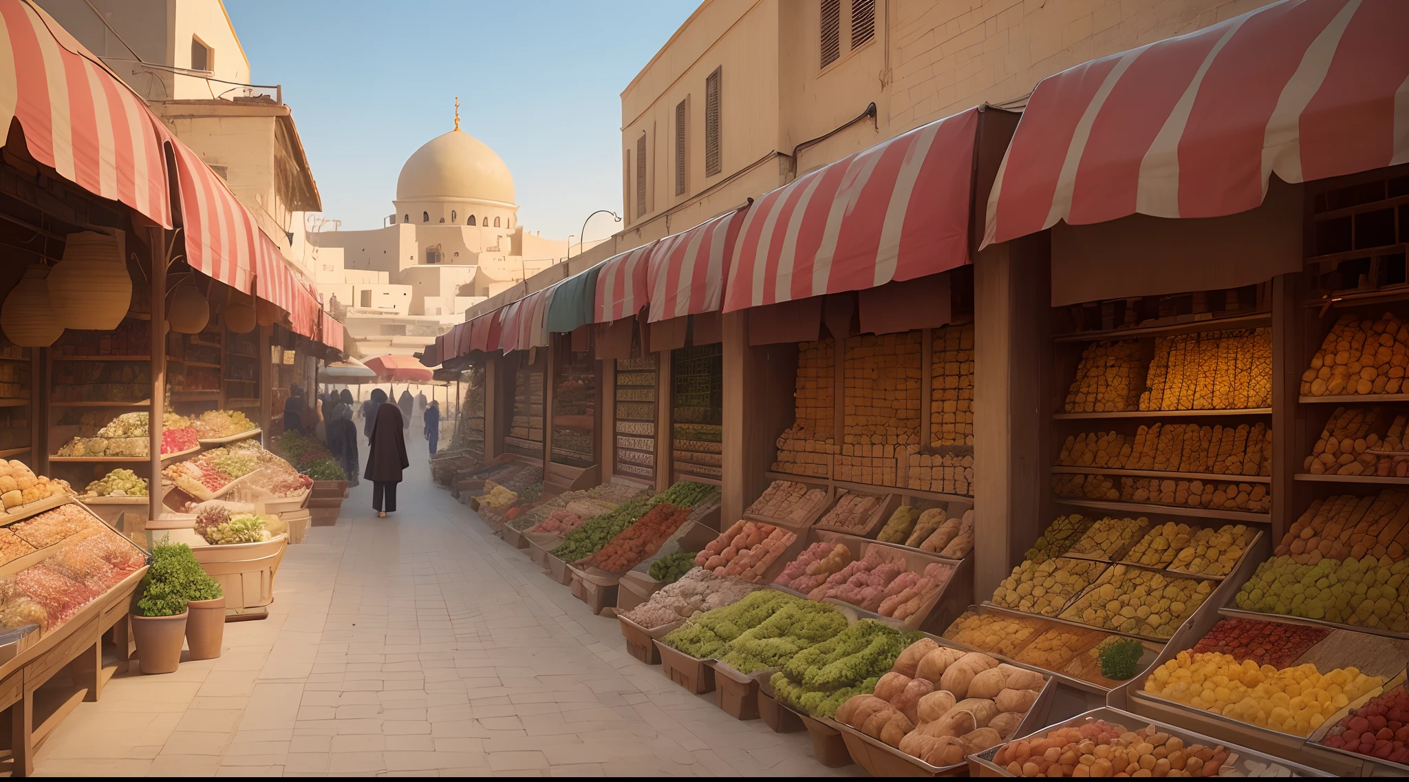 market or bazaar in 15th century Arabia, inland, random views, luxurious, Muslim, Islamic, arabia shops, arabian plaza, mosques' roof, bazaars with Arabia style, Persian Gulf Style or Iranian Style or Persian Style or Arabic Style, sunrise, hot, market or bazaar next to oasis, background is oasis or no oasis, no man, no woman, no girl, no boy, no person, no boat, no ship, no asphalt road