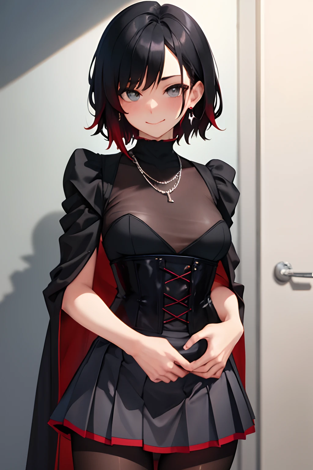 (Masterpiece, Best Quality:1.2), Cowboy shot, age progression, short, 1girl,black colored hair, short hair, smile, closed mouth, looking a viewer, black shirt, corset, black pleated skirt, pantyhose, red cloak, Jewelry, necklace, earrings, small-breasts, slim thighs, Spacer frame, steam, glistering slap, Wet, the sweat,