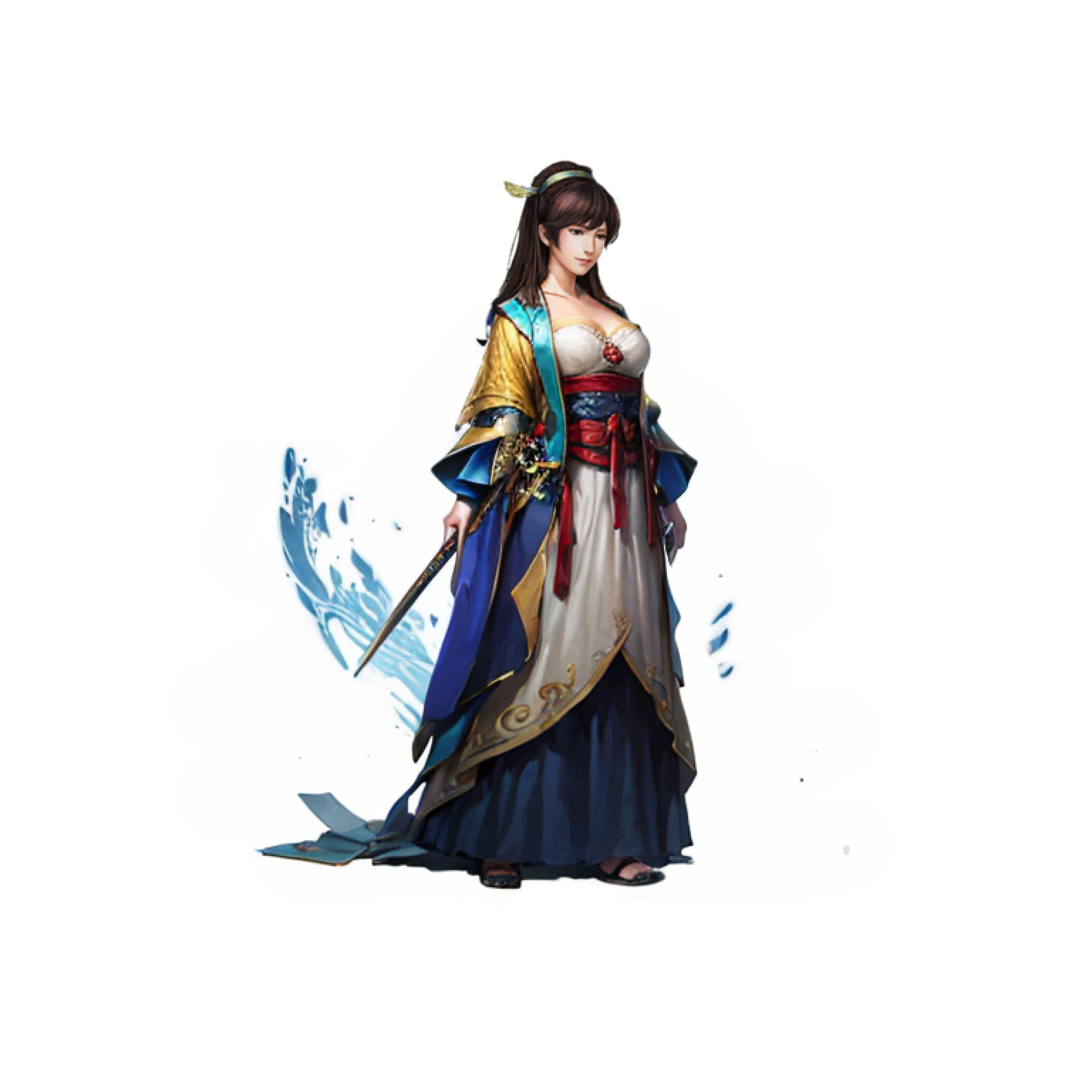 long blue robes，holds a spear，Blue sleeves