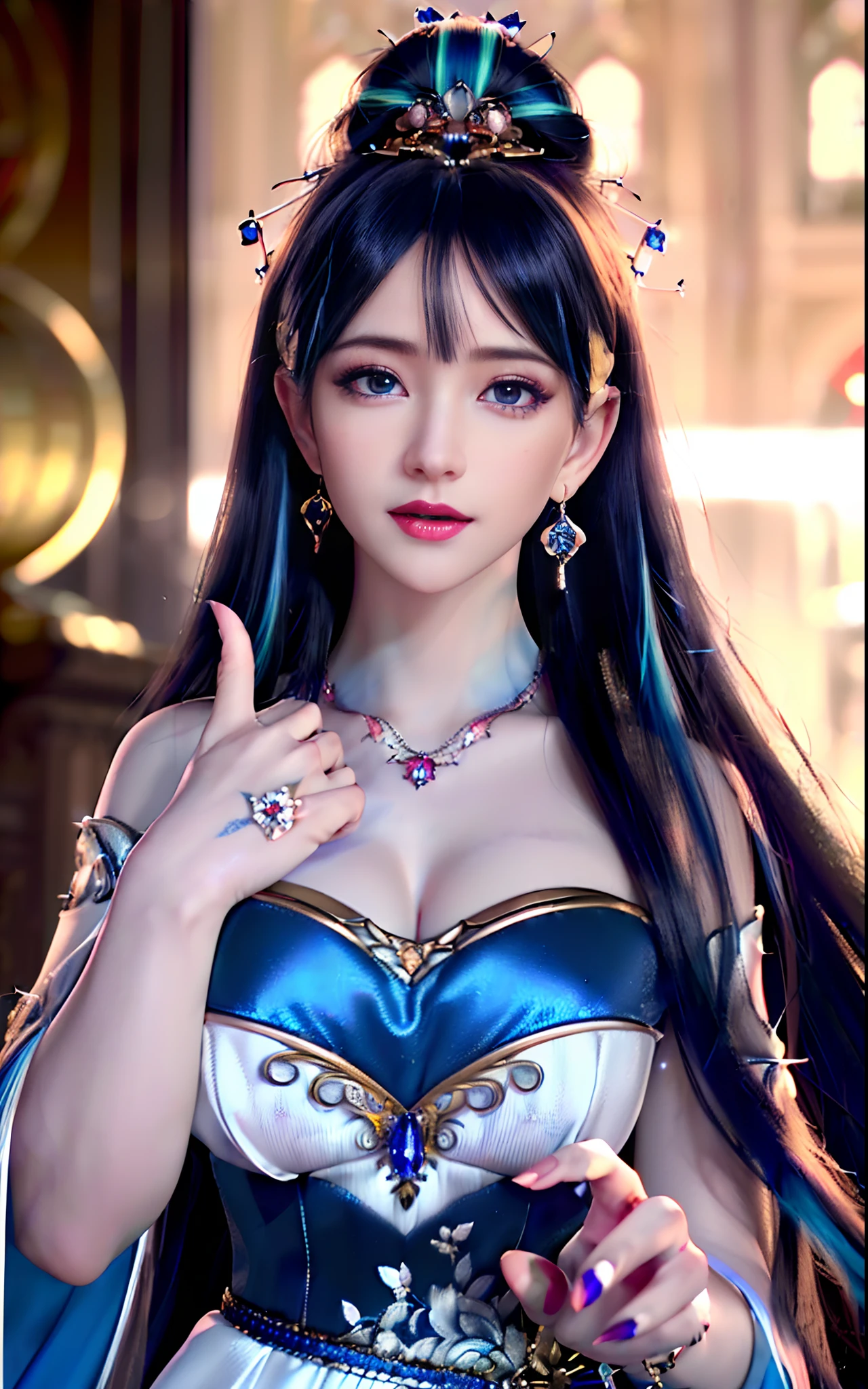 ((realisticity: 1.2)), ((realistic: 8K UHD)), ((best resolution: 8K UHD)), hyper detailed, best quality,masterpiece,highres,cg,
((1 hyper detailed and hyper realistic girl)), ((very beautiful queen dazzling, hyper realistic, and hyper detailed)),((white skin, beautiful, smooth, youthful, hyper realistic and hyper detailed
)), ((Hyper beautiful face, white, hyper realistic and hyper detailed)), long hair, ((hyper realistic and hyper detailed dress)), solo, ((hyper realistic, hyper beautiful, gorgeous and hyper detailed jewelry)), ((hyper beautiful, hyper realistic and hyper detailed dark red and golden yellow dress)),
((Hyper beautiful, hyper realistic, hyper detailed diamond filled earrings)),
  ((Hyper beautiful, hyper realistic and hyper detailed diamond filled hair ornament)), ((hyper beautiful upper body, hyper beautiful, hyper 
 realistic and hyper detailed)), ((big breasts: 2.5)), 
((Hyper grand, hyper realistic and hyper detailed royal palace backgroun))
((Hyper beautiful, hyper beautiful, hyper realistic and hyper detailed hair bun)), ((hyper beautiful, hyper realistic and hyper detailed blue hair)),
candid, Photograph, high resolution, 8k,Bokeh,