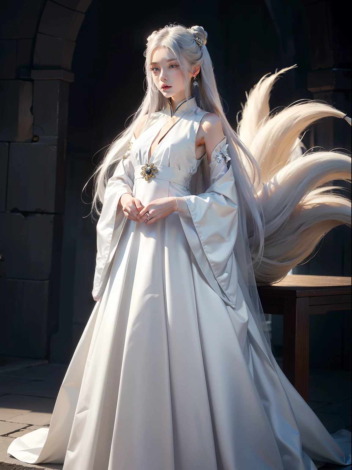 (Masterpiece, best quality: 1.2), very delicate and beautiful, best lighting, best shadow, (long white hair 1.5), ((a 20 year old woman 1.8)), ancient Chinese dress, Hanfu, with nine tails, ((long white dress 1.5)), standing, blue eyes, night, wild country 1.5, scary expression, (extremely accurate), (mysterious), half,