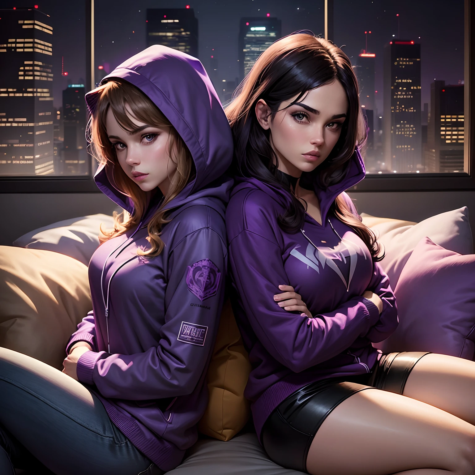 graphic novel style, houston texas, night time, sitting, pillow, purple smoke, two beautiful crime fighting models, back to back, wearing purple hoodies