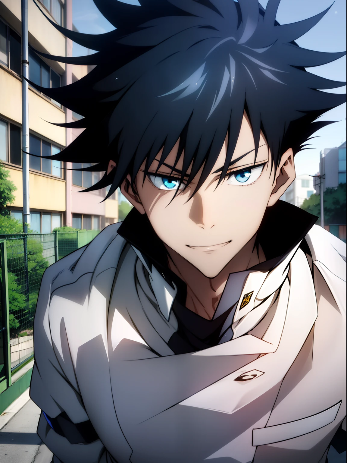 1boy, Face-to-face smiles, Precise and beautiful bright blue eyes, spiky black hair, Korean School Uniform, He in the neighborhood, the body is well-proportioned, High resolution, ultrasharp, 8K, masutepiece, Looking at Viewer