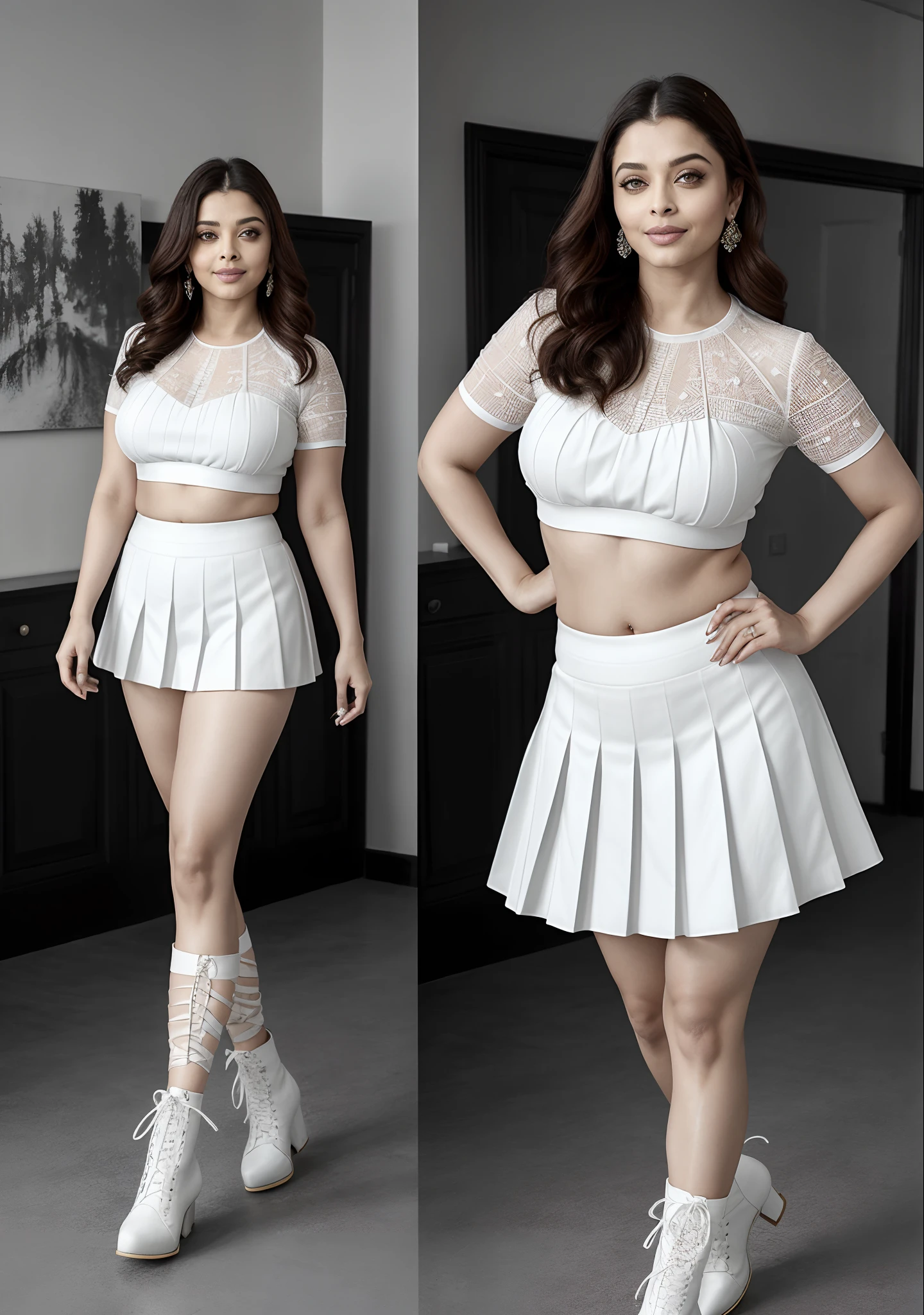 Aishwarya Rai Bachchan, white mini knife pleated skirt and crop top, heeled ankle boots, ponytail tied hair, erotica, bright sunny day scene, athletic milf body, posing in meadow, hourglass milf figure, big breasts, seductive expression on her face, look at a camera and teasing smile, 49 yo, soft volumetric lights, intricate details, (ArtStation:1.2)