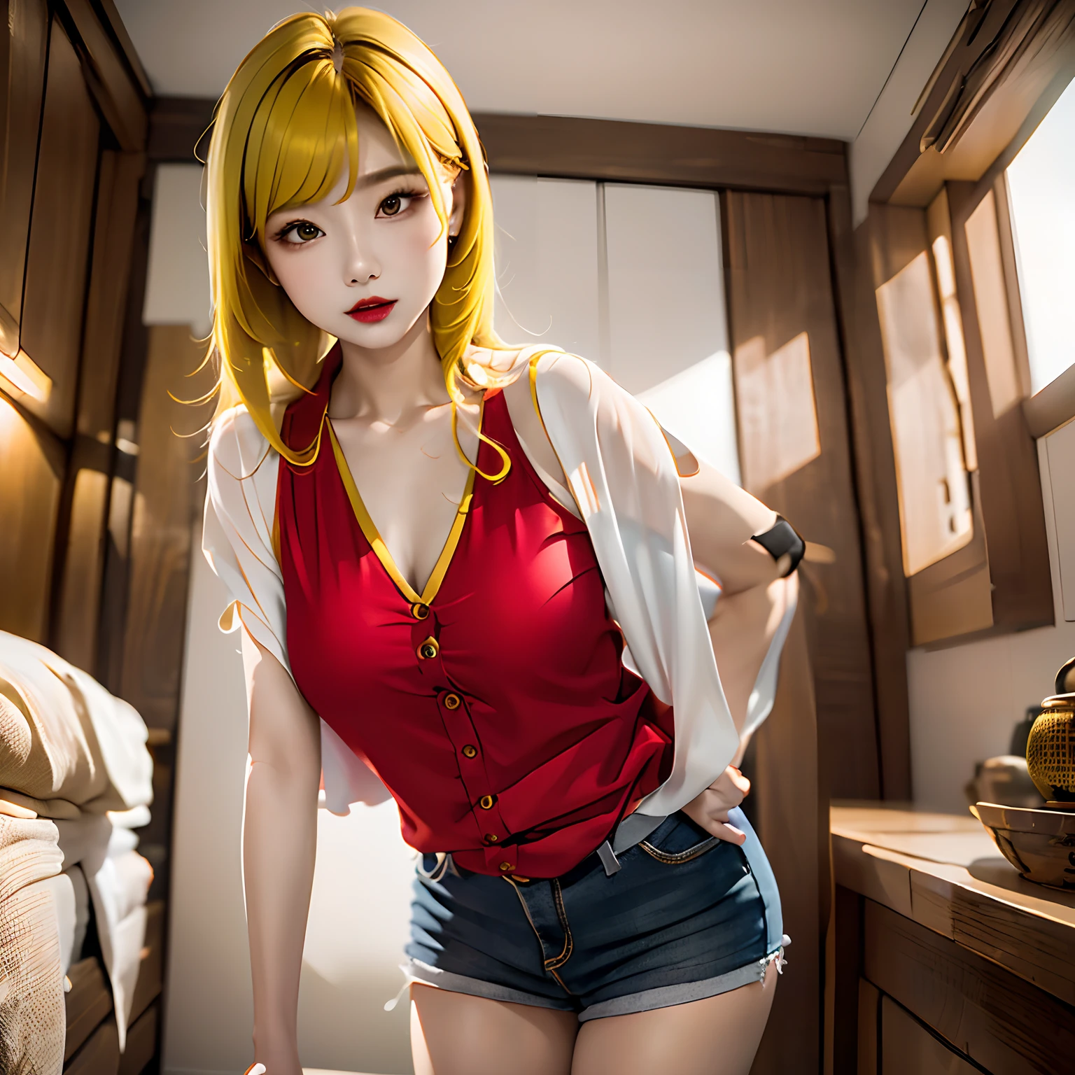 (((1girl in))), ((((Solo)))), ((messy hair style)), Realistic depiction、Raw photography,top-quality,ultra-detailliert,8K,real face:1.5,Take a photo standing up, (((Reddish-yellow hair)), Red lips,red lipsticks, Soft blouse