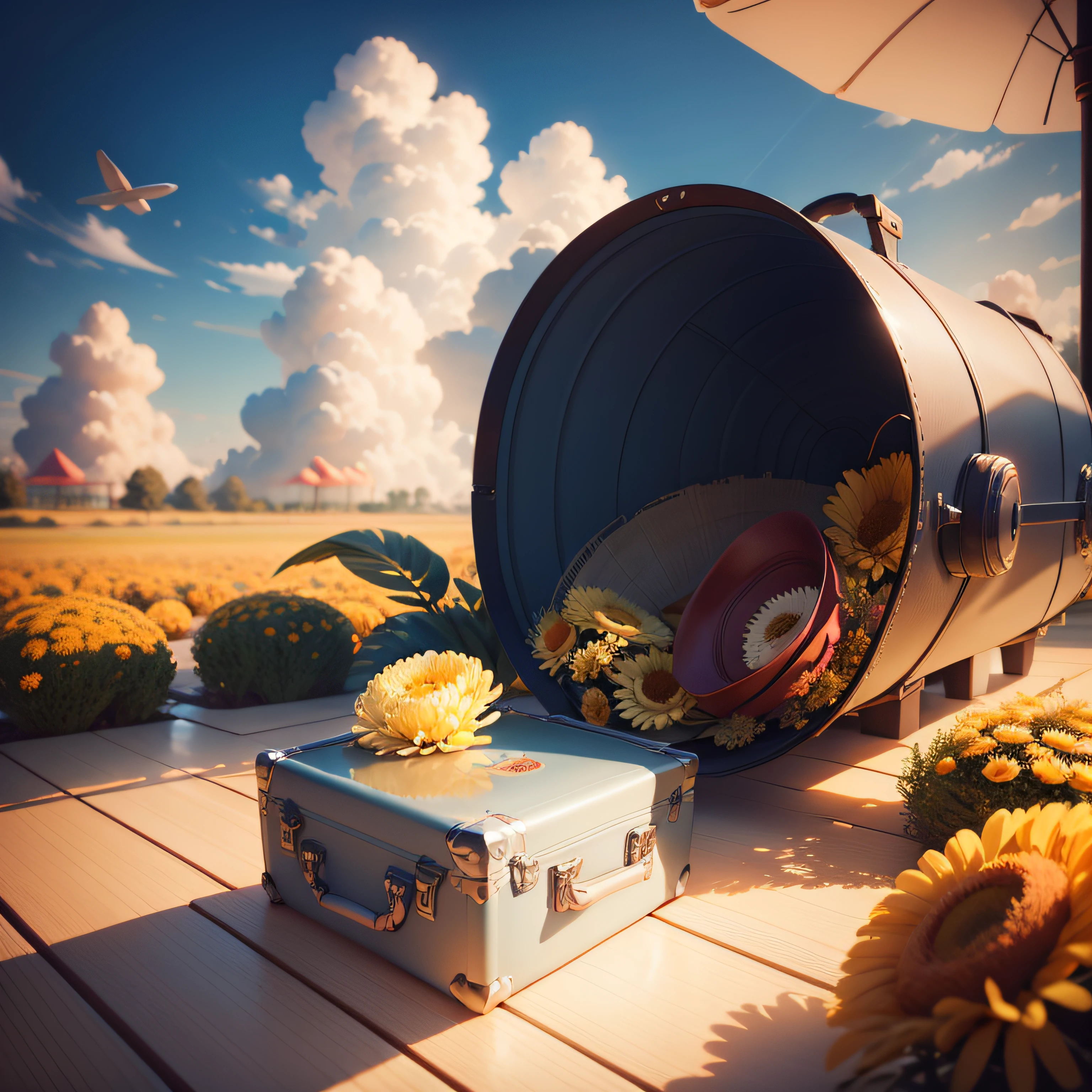 There is a suitcase with a straw hat, Clouds, Atmosphere, Leaves, Chrysanthemums floating in the air, paper airplane, (miniture: 1.2), 2.5d illustration, 3D Rendering, 3D Modeling, Bubble Mat, Behans 3D Art Trends, Behans 3D Art Trends, 3d illustration, 3d illustration, 3d illustration, commercial illustration, Cinema 4D Color Rendering, 3D rendering stylization, stylized digital illustration, 3d stylized scene, Stylized 3D rendering --auto