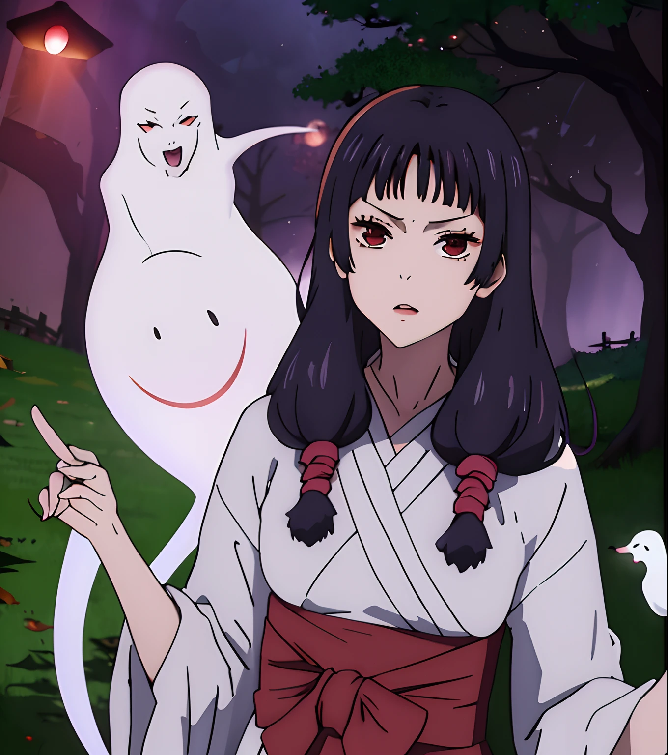 A dark-haired,8K、4K、hight resolution、hightquality、absurderes、finely detail、Manga、Anime coloring、 1girl in,,bangss,shorth hair,魅惑的,enticing,Halloween Costumes,Dramatic Angle,the woods,natta,early evening,ghosts