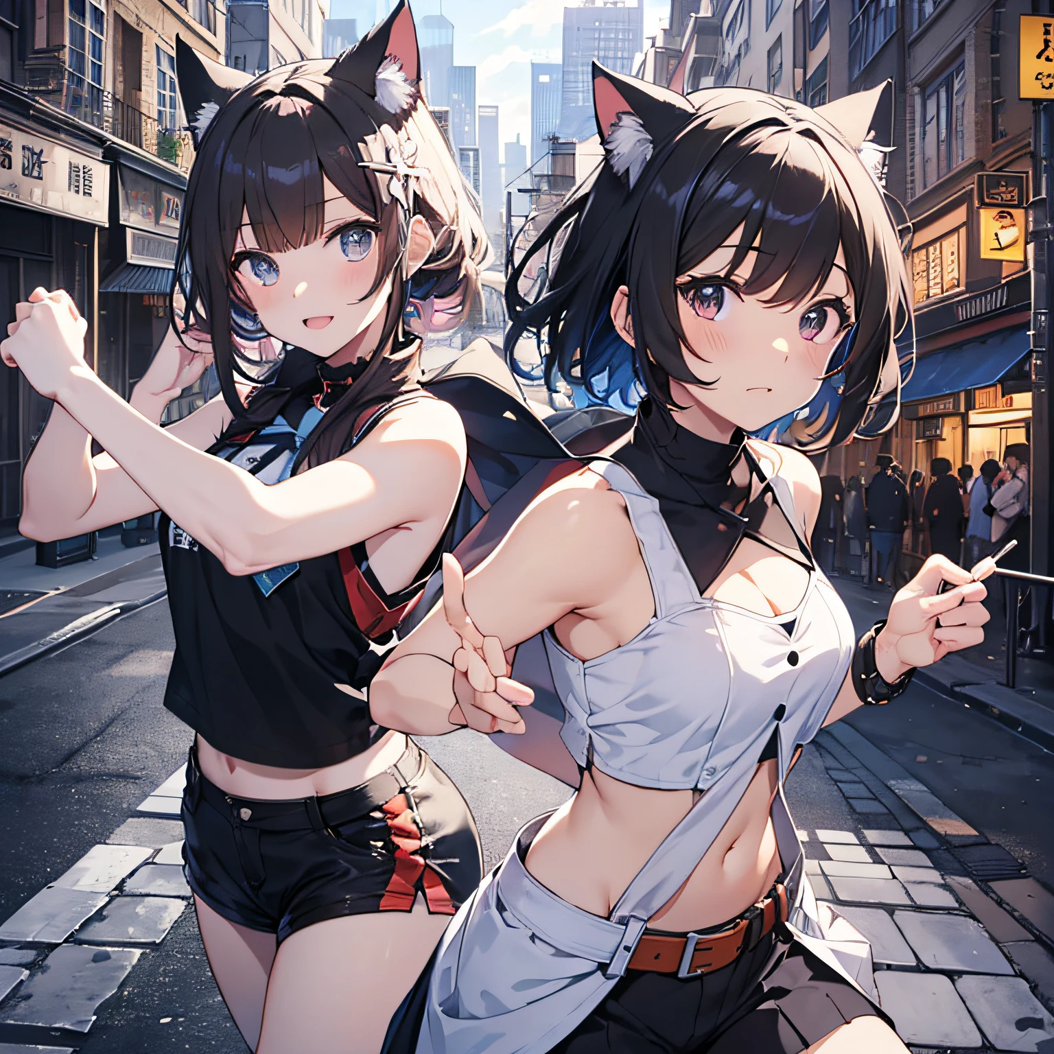 Background is snow, hagging, fur and bikini fusion covered with fur, two girls, staring at each other and hugging, ridiculous, thick eyebrows, (huge backpack: 1.5), (dark skin: 1.3), brown skin, movie lighting, small, rabbit ears, (masterpiece), ((best quality)), (super detailed), glossy skin, full body anime girl, clean and detailed anime face, high resolution anime eyes, five fingers, Textile shading, perfect human structure, perfect anatomy,