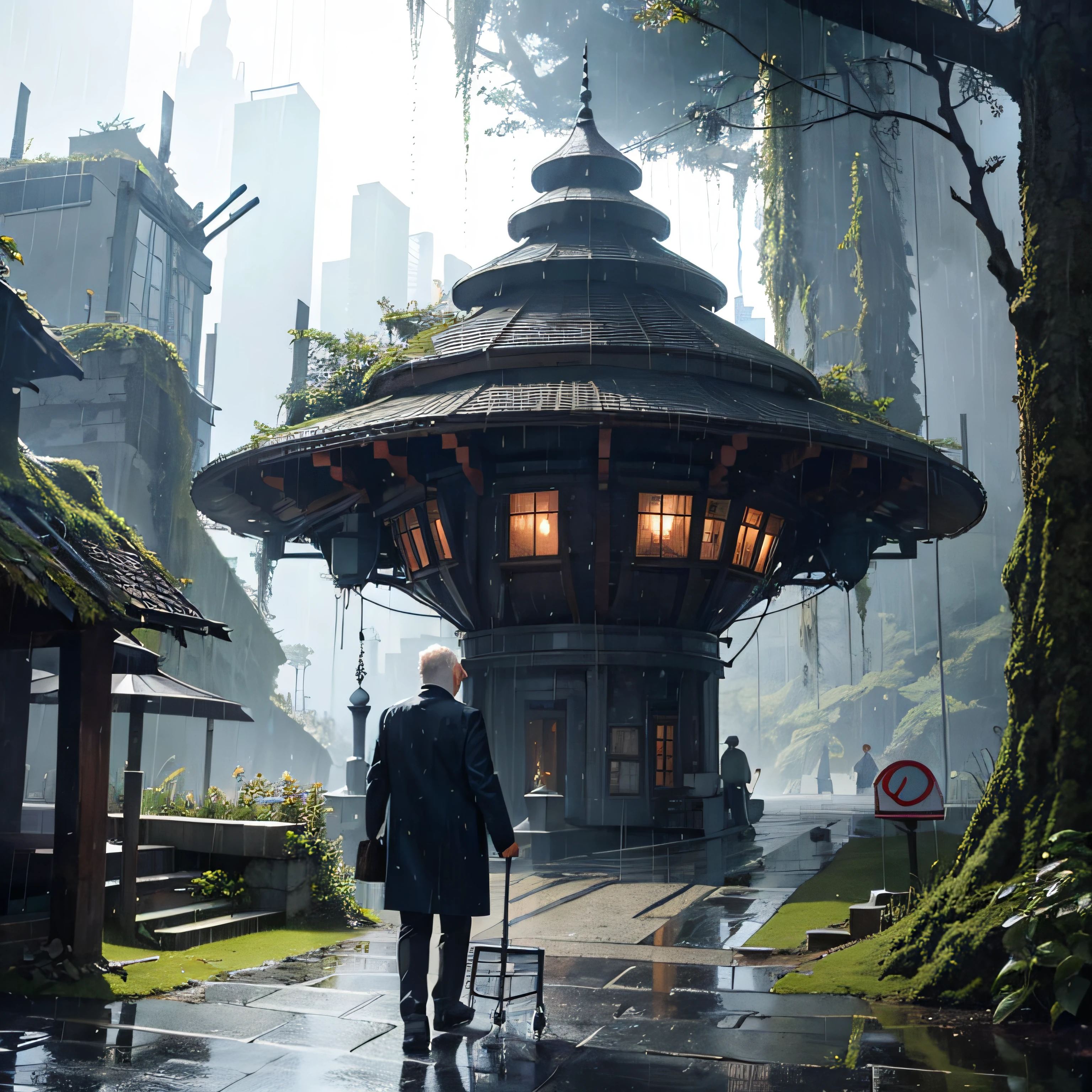 ((ultra sharp)), old man, travelling, forest, raining, fantasy future city