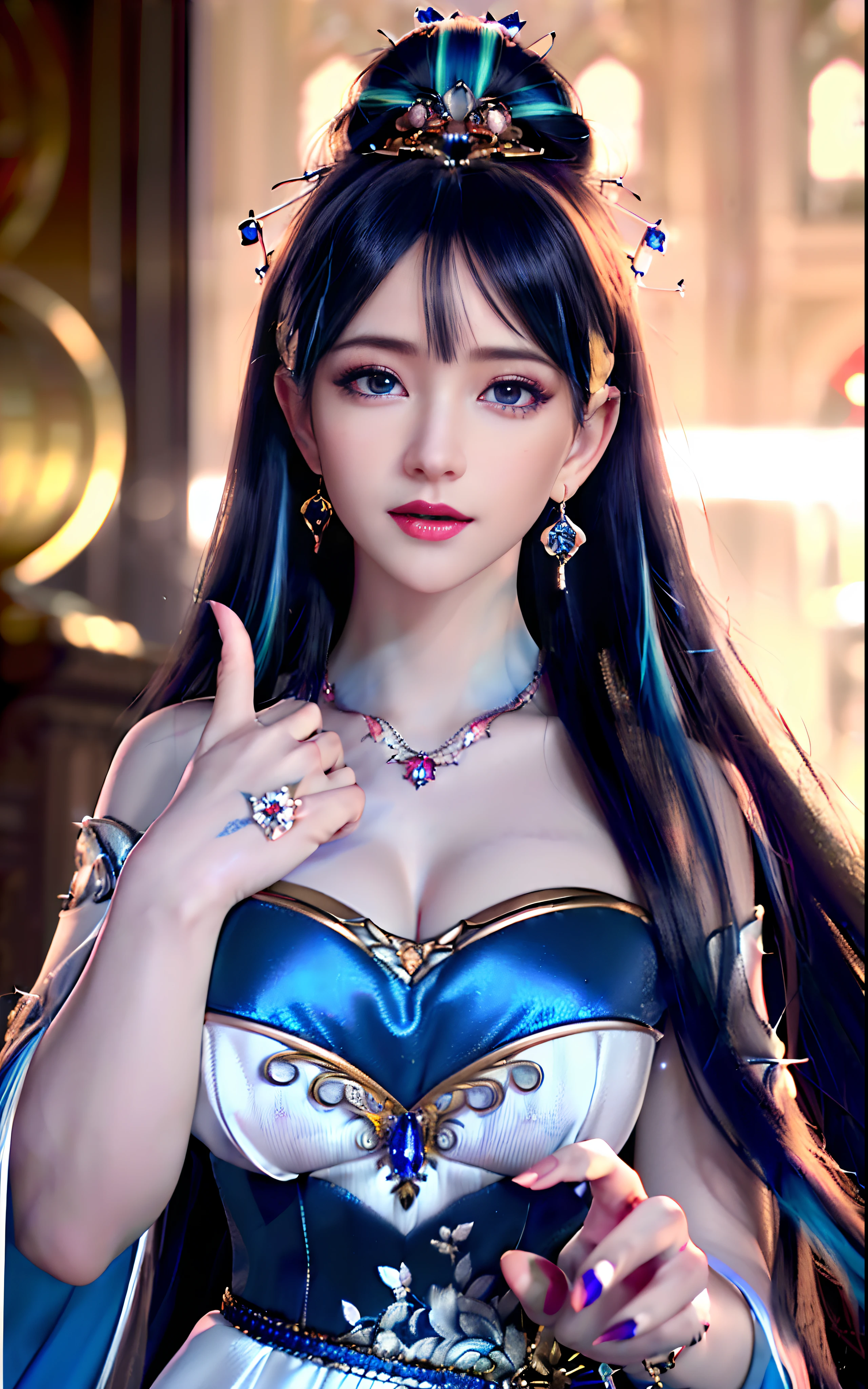 ((realisticity: 1.2)), ((realistic: 8K UHD)), ((best resolution: 8K UHD)), hyper detailed, best quality,masterpiece,highres,cg, ((1 girl hyper detailed and hyper realistic) ) , ((beautiful queen, hyper realistic and hyper detailed)),((white skin, beautiful, smooth, youthful, hyper realistic and hyper detailed )), ((Face hyper beautiful, white, hyper realistic and hyper detailed ) ), long hair, ((hyper realistic and hyper detailed dress)), solo, ((hyper realistic, hyper beautiful, beautiful and hyper detailed jewelry)), ((hyper beautiful deep red and golden yellow dress, hyper realistic and hyper detailed )) , ((Her pretty, hyper realistic, hyper detailed diamond filled earrings)), ((Her gorgeous diamond haircut, hyper realistic and hyper detailed)), ((hyper pretty upper body, hyper beautiful, hyper realistic and hyper detailed) ), ((medium breast: 1.1)), ((hyper realistic, hyper pretty, hyper detailed boobs)), ((the backgroun of the royal palace is hyper majestic, hyper realistic and hyper detailed)),((hands and palms hyper beautiful, hyper detailed, hyper realistic)), ((hyper detailed and hyper realistic fingers and fingernails)), ((hyper pretty fingernails, hyper vivid, hyper detailed, hyper realistic)), ((thumb, index finger, middle finger, ring finger, little finger hyper vivid, hyper pretty, hyper detailed, hyper realistic)), ((hyper beautiful fingers, hyper detailed, and hyper realistic)), ((posture not too fat and not too thin, hyper realistic, hyper detail)), ((hyper pretty, hyper pretty, hyper realistic and hyper detailed hair bun)), ((hyper pretty , hyper realistic and hyper detailed blue hair)), candid, Photo, high resolution, 8k , bokeh,