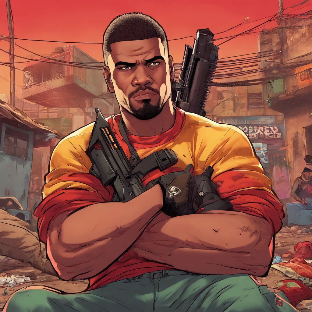 Black man with cap, sweet do GTA, sitting with a gun at the table, and a cigarette in hand, saying something