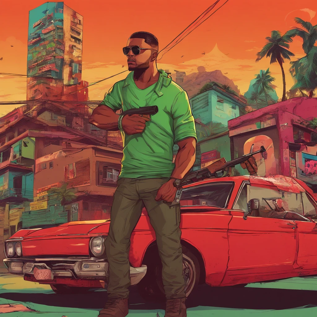 um homem com uma roupa vermelha em uma favela, segurando um rifle, (rosto e corpo extremamente detalhados), cores vibrantes, (retrato), tom de cor vermelha, dramatic lighting, (melhor qualidade, ultra-detalhado, Altas), Realistic