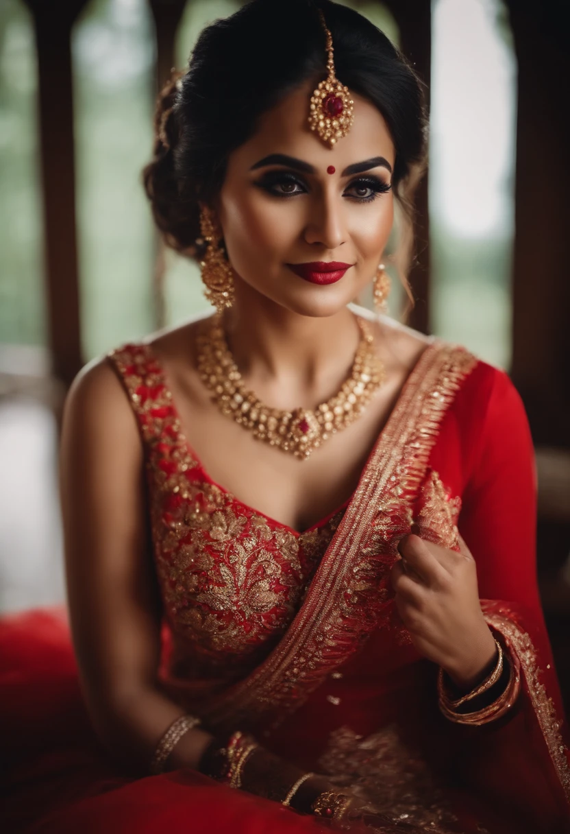 potrait of a bride wearing makeup on her weading in red dress