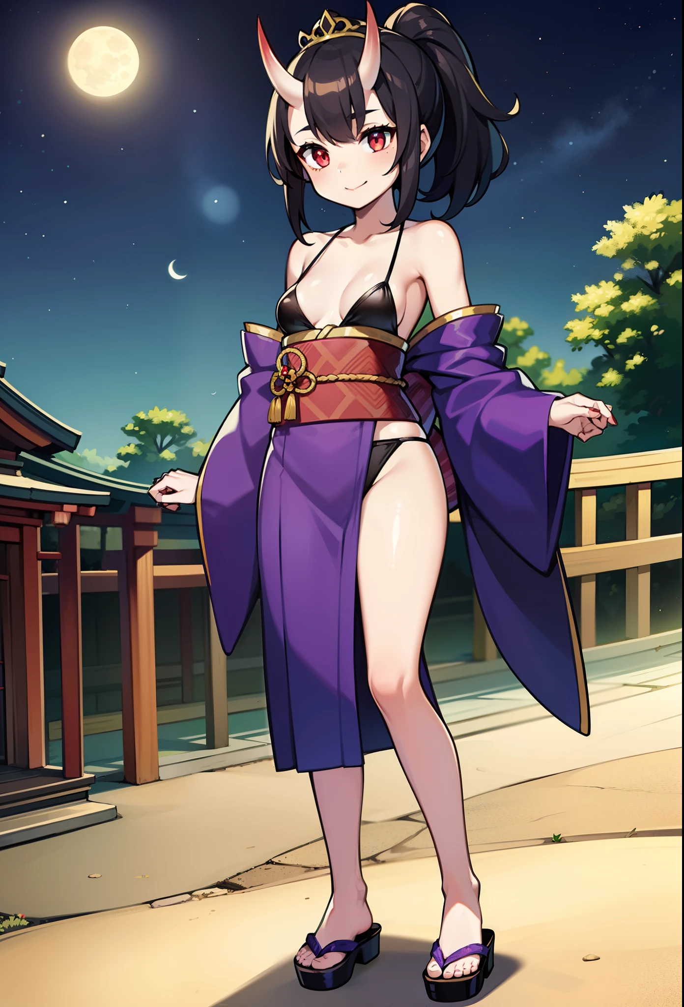 1 girl, light skin, small , black hair, oni horns, red eyes, long ponytail, emo hairstyle, purple kimono, , black , princess tiara, flip flops, japanese temple, night sky, moon, high quality, skinny, masterpiece, detailed body, detailed face, detailed eyes, glistering body, shiny body, full body, :), flip flops, standing,