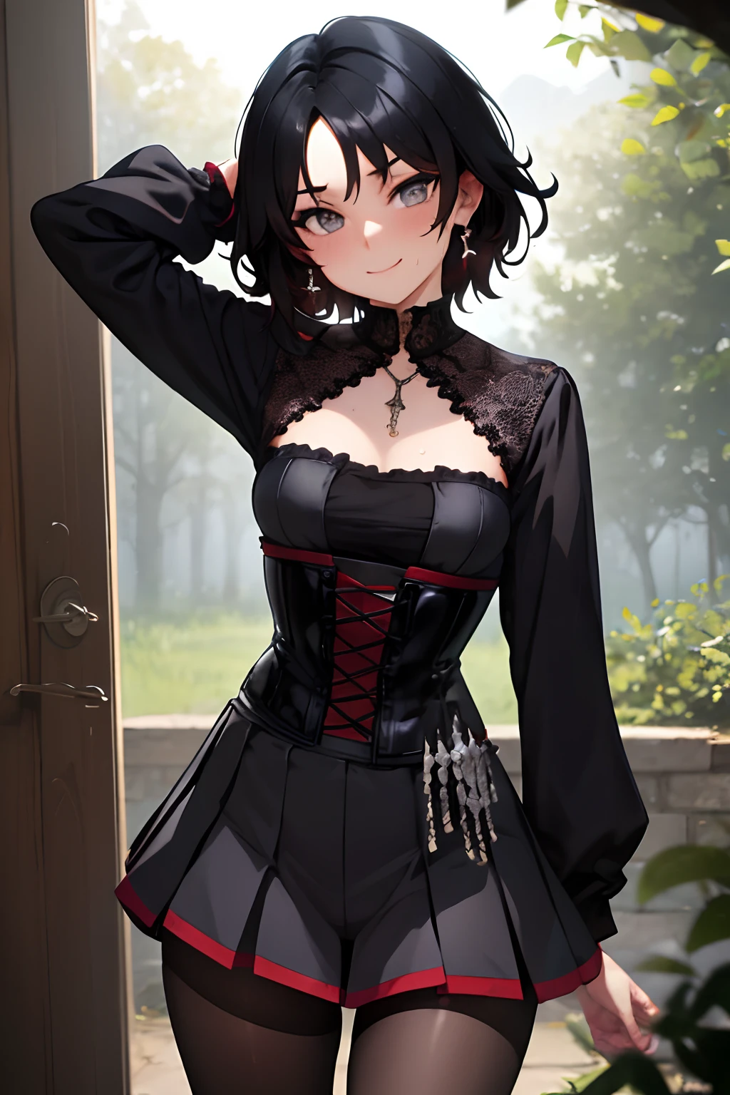 (Masterpiece, Best Quality:1.2), Cowboy shot, age progression, short, 1girl,black colored hair, short hair, smile, closed mouth, looking a viewer, black shirt, corset, black pleated skirt, pantyhose, red cloak, Jewelry, necklace, earrings, small-breasts, slim thighs, Spacer frame, steam, glistering slap, Wet, the sweat,