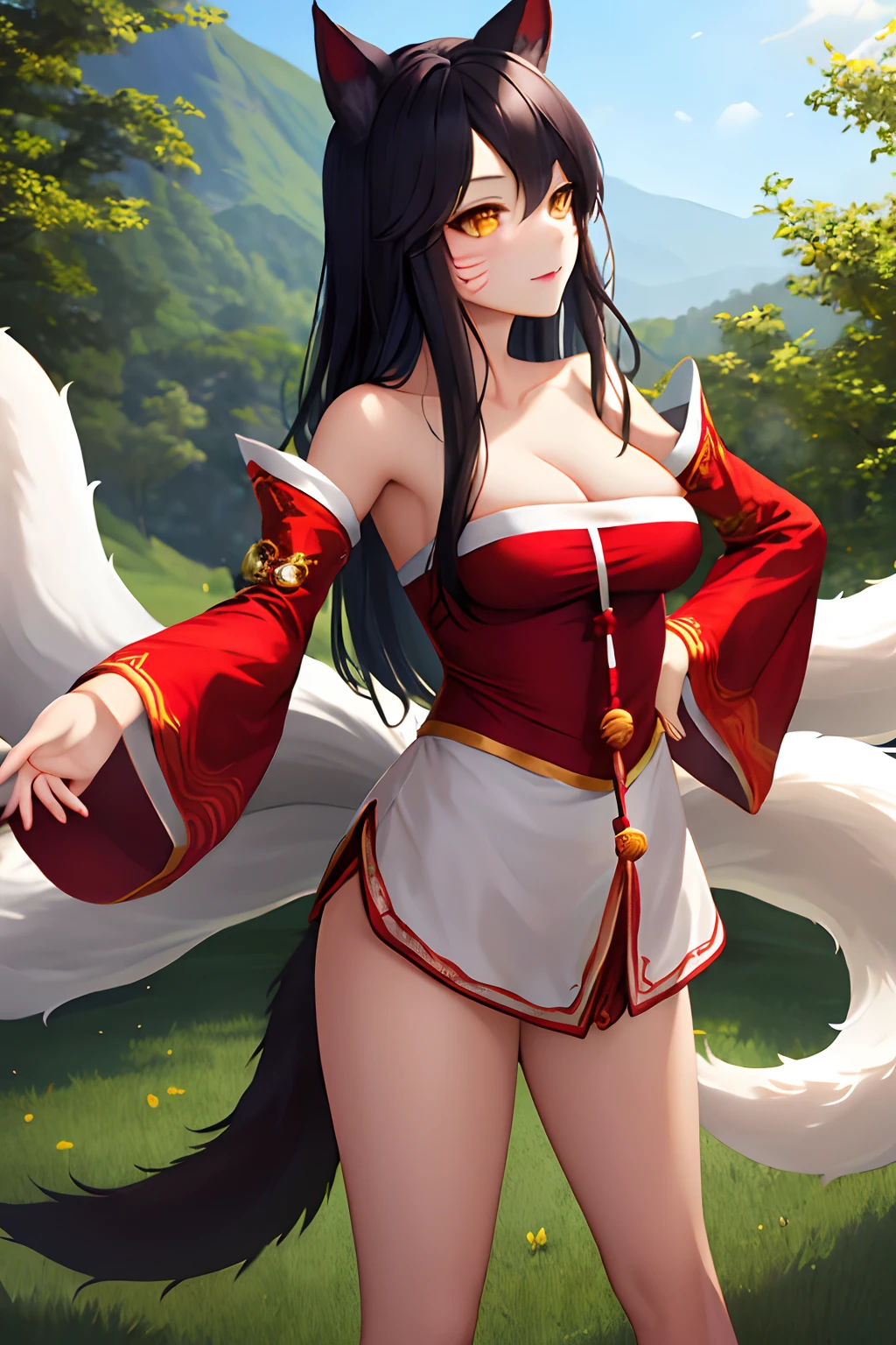 masterpiece, best quality, highres, ah1, facial mark, multiple tails, fox tails, korean clothes, cleavage, bare shoulders, detached sleeves, outdoors, standing, cowboy shot,