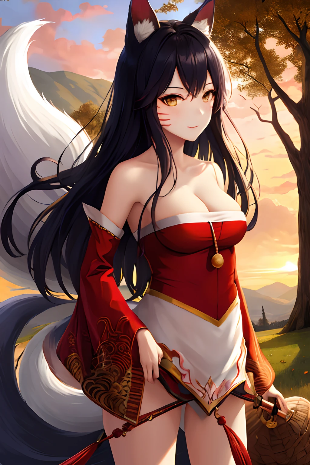 masterpiece, best quality, highres, ah1, facial mark, multiple tails, fox tails, korean clothes, cleavage, bare shoulders, detached sleeves, outdoors, standing, cowboy shot,