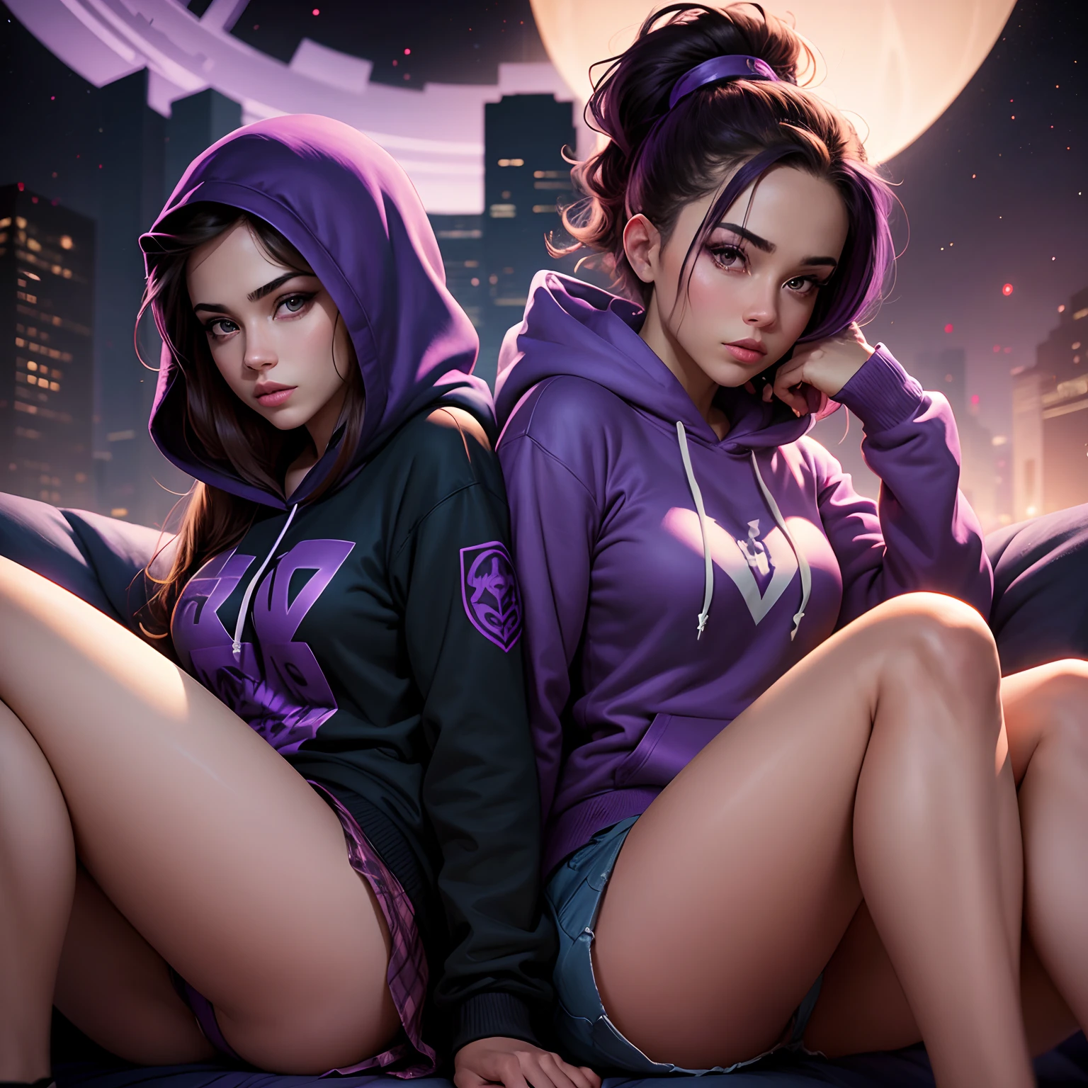 graphic novel style, houston texas, night time, sitting, pillow, purple smoke, two beautiful crime fighting models, 23 years old, back to back, wearing hoodies, skirts