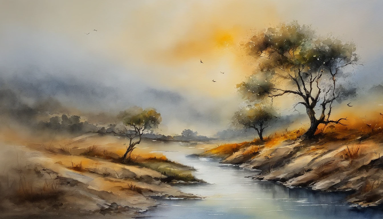 Dead vines,old trees,Woat,small bridges,flowingwater,family,Road,zephyr,Skinny horse,Sunset,Broken intestines are at the end of the world,(Chinese landscape painting),(ink and watercolor painting),(8k wallpaper),Extremely detailed picture depiction,wide angles,depth of fields,tmasterpiece,realisticlying,Beautifully depicted,A detailed,acurate,Works of masters,tmasterpiece