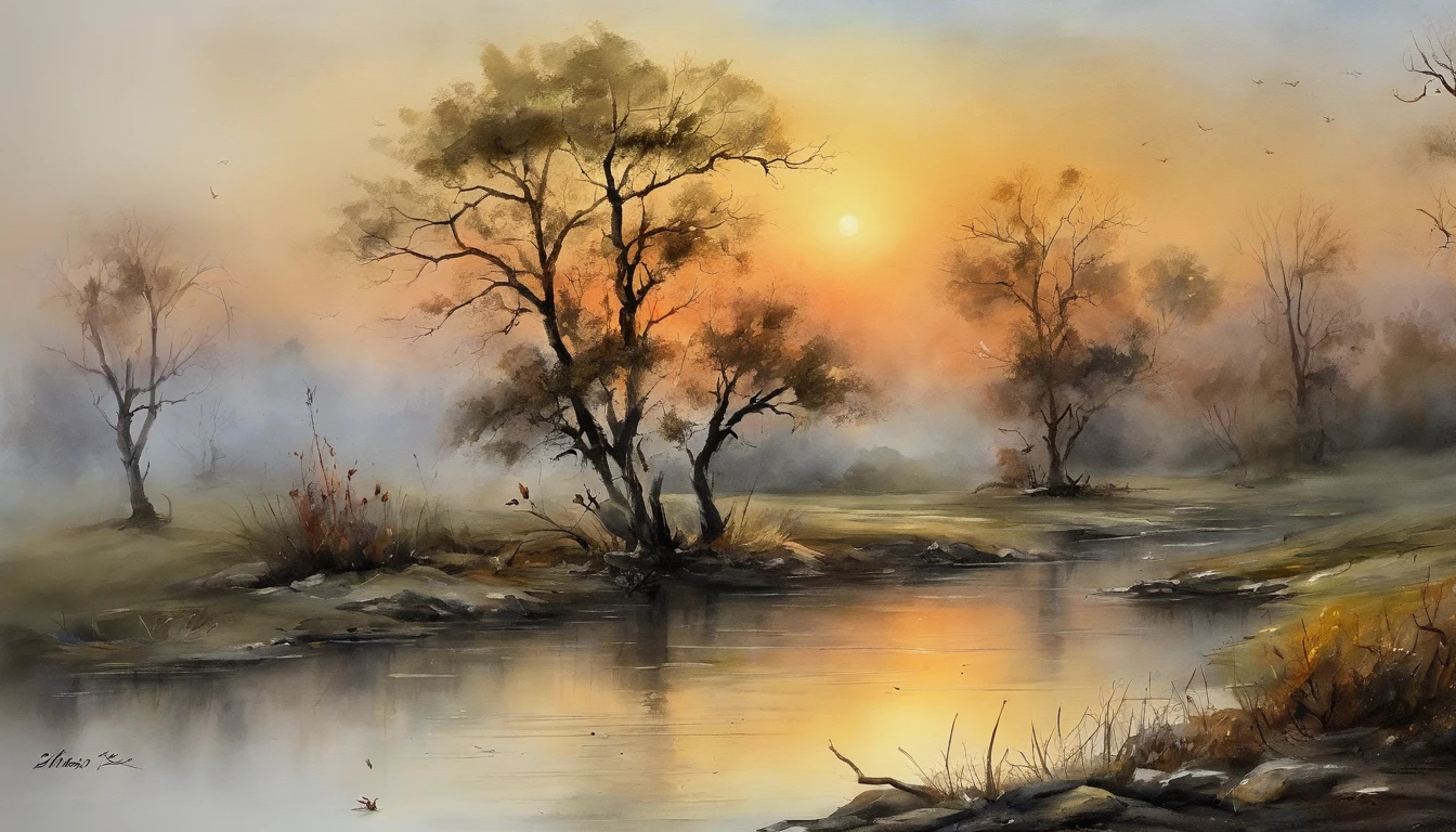 Dead vines,old trees,Woat,small bridges,flowingwater,family,Road,zephyr,Skinny horse,Sunset,Broken intestines are at the end of the world,(Chinese landscape painting),(ink and watercolor painting),(8k wallpaper),Extremely detailed picture depiction,wide angles,depth of fields,tmasterpiece,realisticlying,Beautifully depicted,A detailed,acurate,Works of masters,tmasterpiece