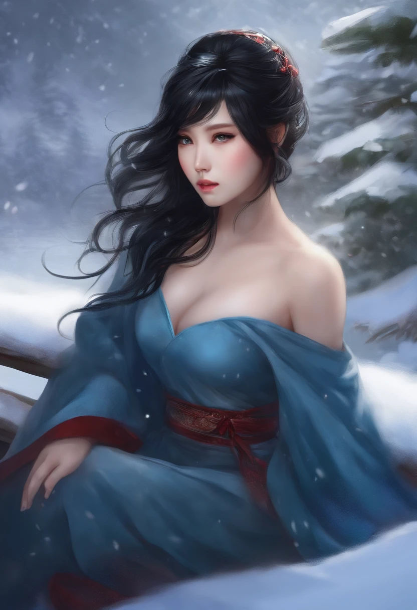 best quality, masterpiece, black hair, blue eyes, profile, upper body, asian, cute, big boobs, winter