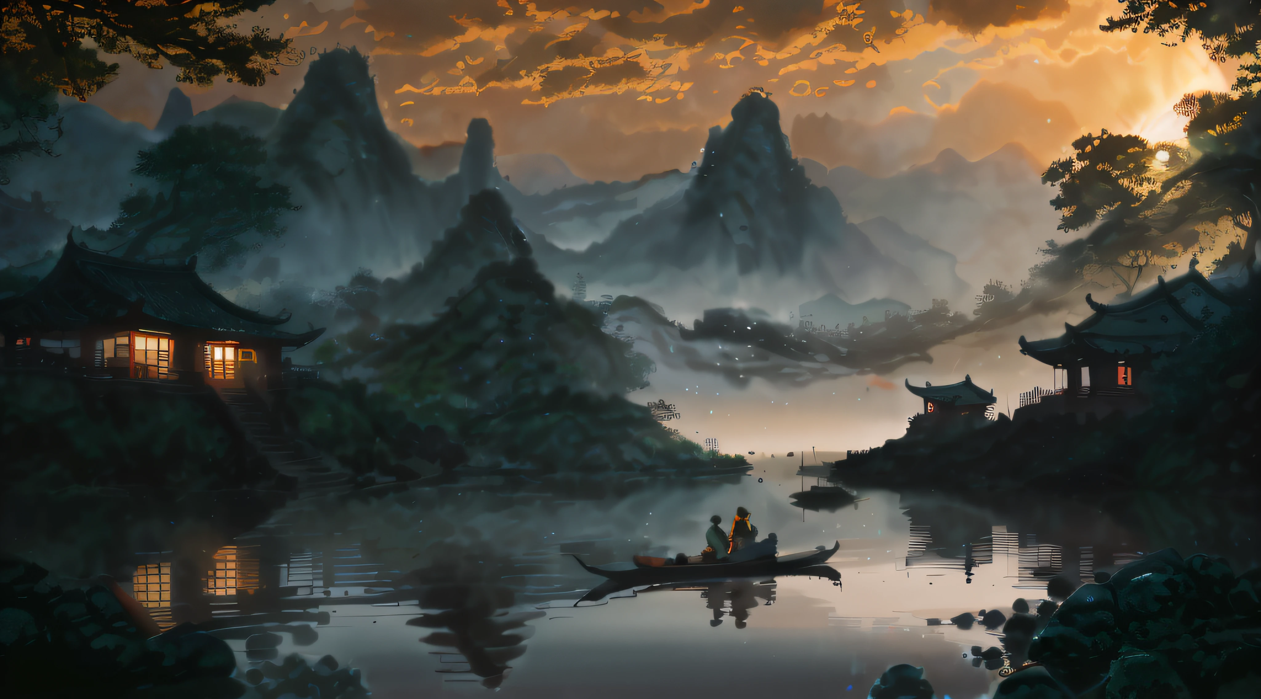 painting of a man and woman in a boat on a river, by Yang J, 4k highly detailed digital art, Detailed painting 4 K, inspired by Raphael Lacoste, 4k hd matte digital painting, Chinese landscape, Inspired by Fenghua Zhong, Detailed scenery —width 672, author:Qu Leilei, inspired by Andreas Rocha, author:Song Xu