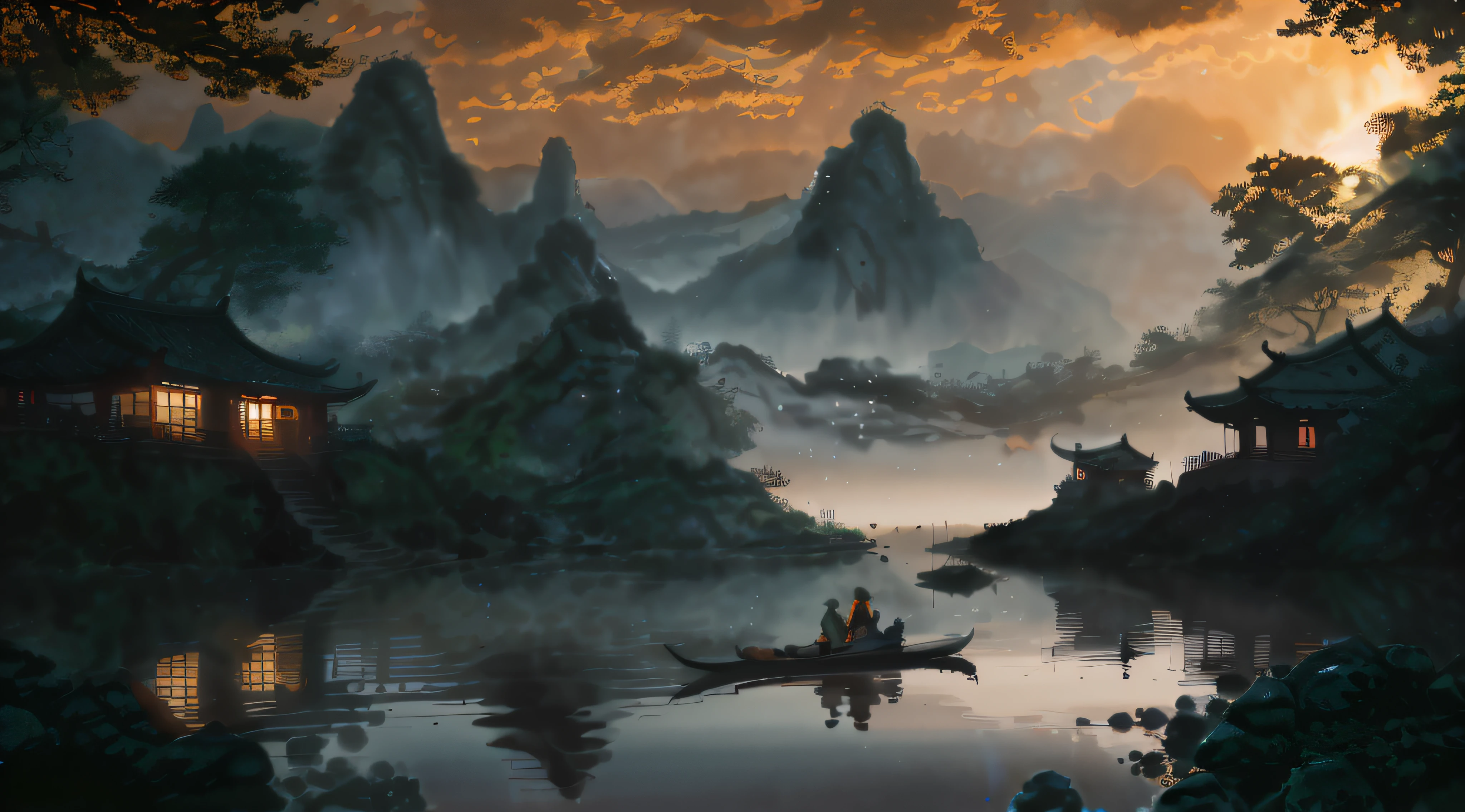 painting of a man and woman in a boat on a river, by Yang J, 4k highly detailed digital art, Detailed painting 4 K, inspired by Raphael Lacoste, 4k hd matte digital painting, Chinese landscape, Inspired by Fenghua Zhong, Detailed scenery —width 672, author：Qu Leilei, inspired by Andreas Rocha, author：Song Xu