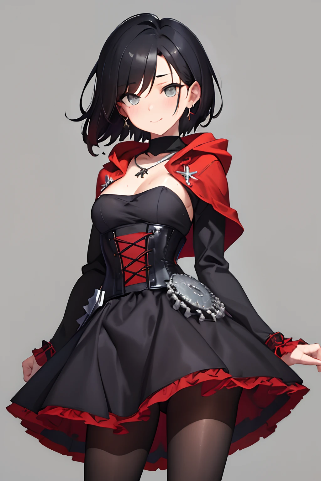 (Masterpiece, Best Quality:1.2), Cowboy shot, age progression, short, 1girl,black colored hair, short hair, smile, closed mouth, looking a viewer, black shirt, corset, black pleated skirt, pantyhose, red cloak, Jewelry, necklace, earrings, small-breasts, slim thighs, Spacer frame, steam, glistering slap, Wet, the sweat,