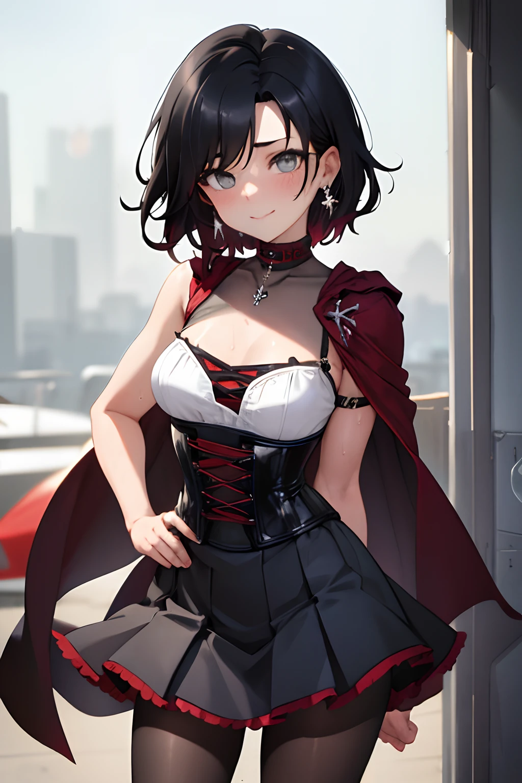 (Masterpiece, Best Quality:1.2), Cowboy shot, age progression, short, 1girl,black colored hair, short hair, smile, closed mouth, looking a viewer, black shirt, corset, black pleated skirt, pantyhose, red cloak, Jewelry, necklace, earrings, small-breasts, slim thighs, Spacer frame, steam, glistering slap, Wet, the sweat,