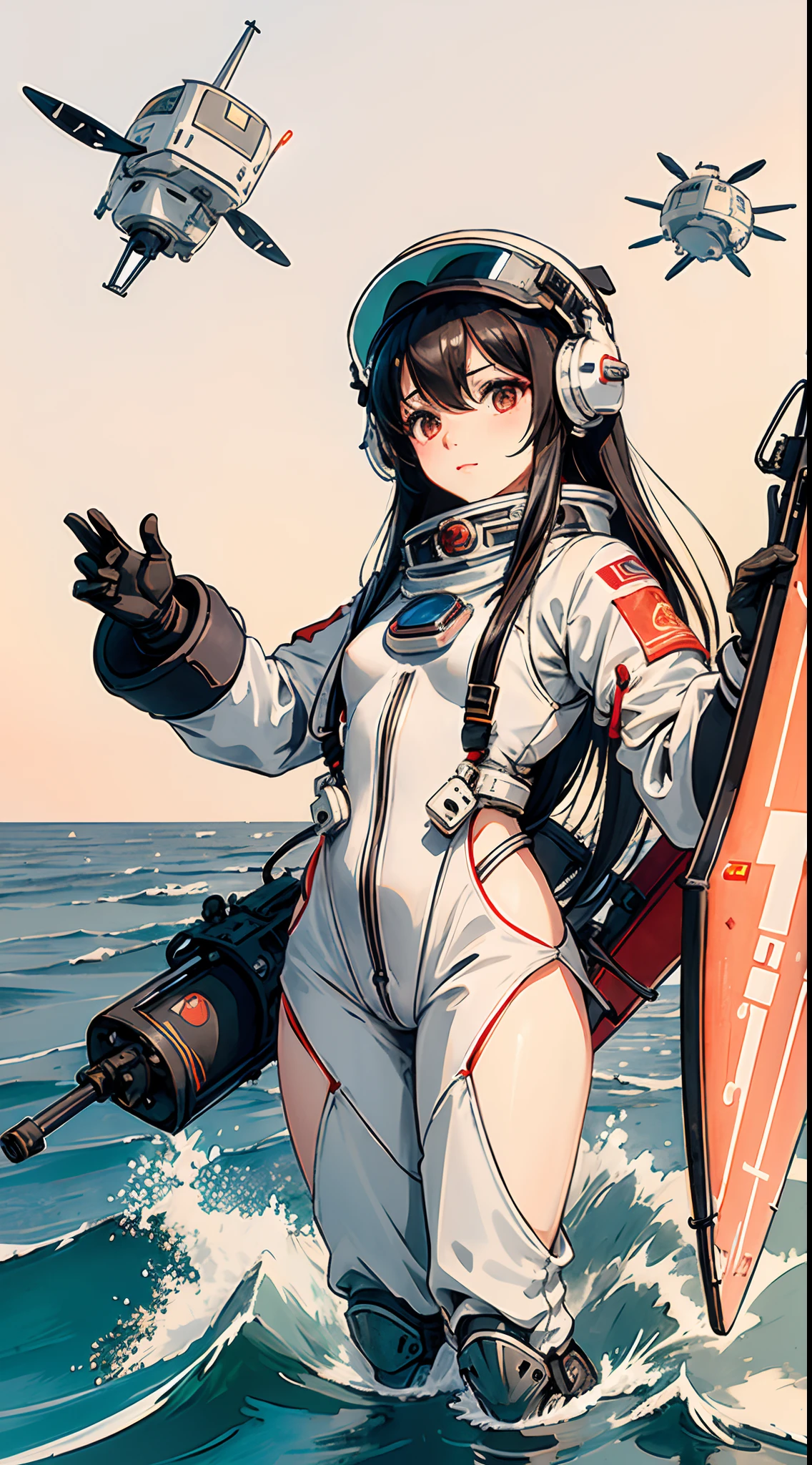 DJI Drones、drone、1boys、flat breast、cute little、beatiful detailed eyes、Shiny hair、visible through hair、hairs between eyes、CCCPposter、USSR poster、red monochrome、USSR poster、soviet union、communism、A dark-haired、Akame、Vampires、Teen、small tits、space suits:Orange clothing body:Jumpsuit)、white glove、White Space Shoes、drone、White helmet、Red letters on the top of the helmet with CCCP、weightless、side lights、Reflectors、A person in a spacesuit is at the bottom left of the frame、The right hand is outstretched.、The right hand gently touches the Salyut space station)、Space station in the upper right corner of the screen、Reflected light from the sun、silver metal、red flag、brilliance、Soviet style、Random reflexes、Metallic texture、View is a multicopter、Mecha style、the sea of star、High Tone、grand