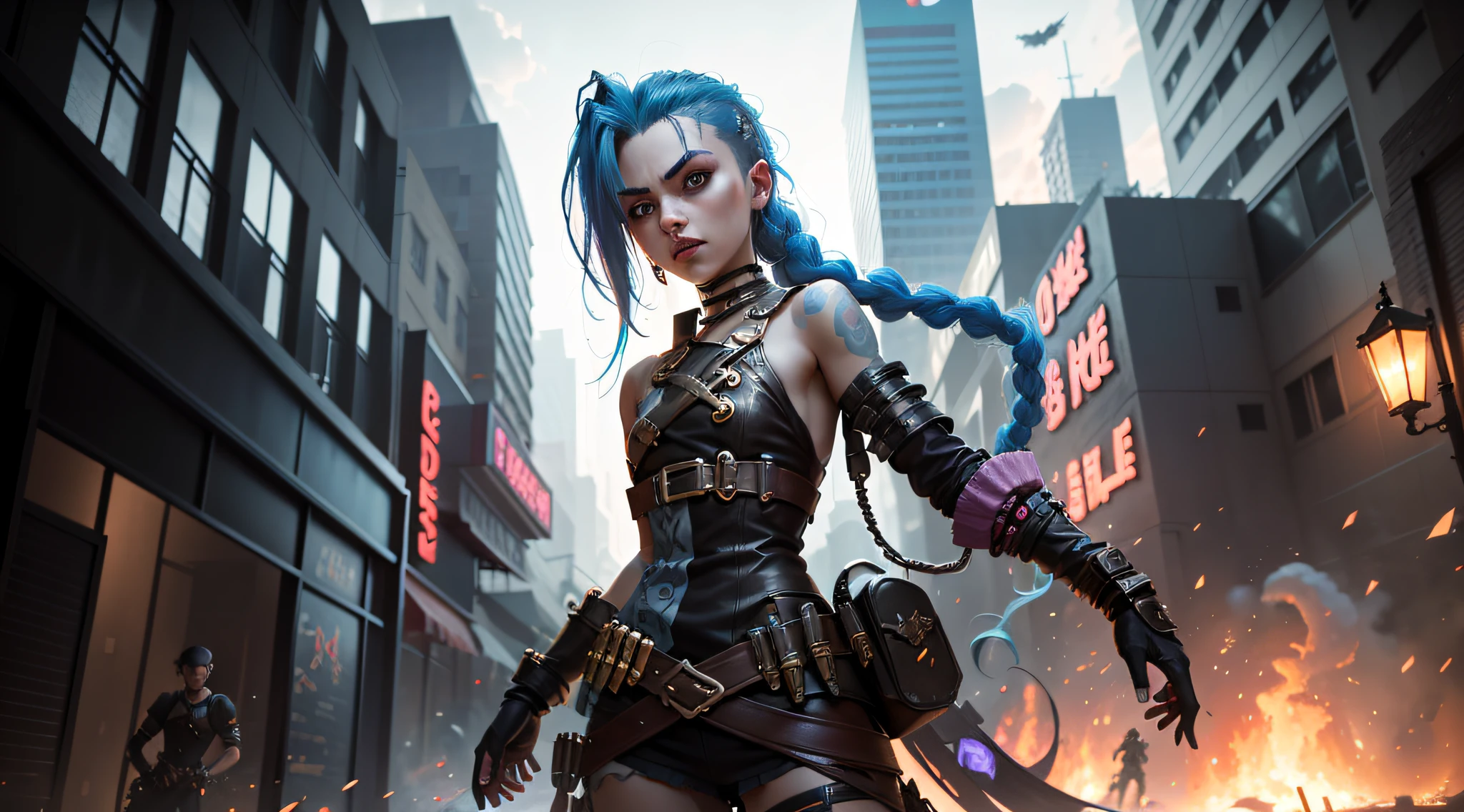 ((Best quality)), ((masterpiece)), (highly detailed:1.3), 3D, arcane style,In the dark and courageous dystopian city of Piltover, plagued by violence and divided into two opposing factions, a young prodigy named Jinx emerges. Having endured unimaginable loss and abandonment, she embraced a life of chaos and destruction. Known for her inventive and explosive abilities, Jinx becomes an icon of rebellion against the oppressive forces that control the city. However, haunted by guilt and battling inner demons, she must confront her past and decide whether to continue on the path of anarchy or seek redemption amid the turmoil. Explore Jinx's journey as she navigates a treacherous world, fighting for survival, unlocking secrets, and discovering the true meaning of her twisted existence, chaos reigns supreme, and at the center of it all is Jinx, the embodiment of unpredictability. Delve deep into Jinx's twisted mind, exploring the origins of his madness and the driving force behind his destructive nature. Unravel the moments that shaped her into the crazed, iconic character we know. Take us on a wild journey through the vibrant streets of Piltover and the shadowy suburb of Zaun as Jinx wreaks havoc with his explosive arsenal. Can redemption find its way into Jinx's fractured soul? Or will she dance forever on the edge of sanity, embracing the chaos that fuels her very existence? Arcane's fate hangs in the balance as Jinx's path intertwines with unlikely allies and formidable enemies. Ignite your imagination and paint a vivid portrait of Jinx's distorted psyche, capturing the essence of her madness and the indomitable spirit that defines it, HDR (High Dynamic Range), Ray Tracing, NVIDIA RTX, Super-Resolution, Unreal 5, Subsurface Scattering, PBR Texturing, Post-processing, Anisotropic Filtering, Depth of Field, Maximum Clarity and Sharpness, Multit Textures