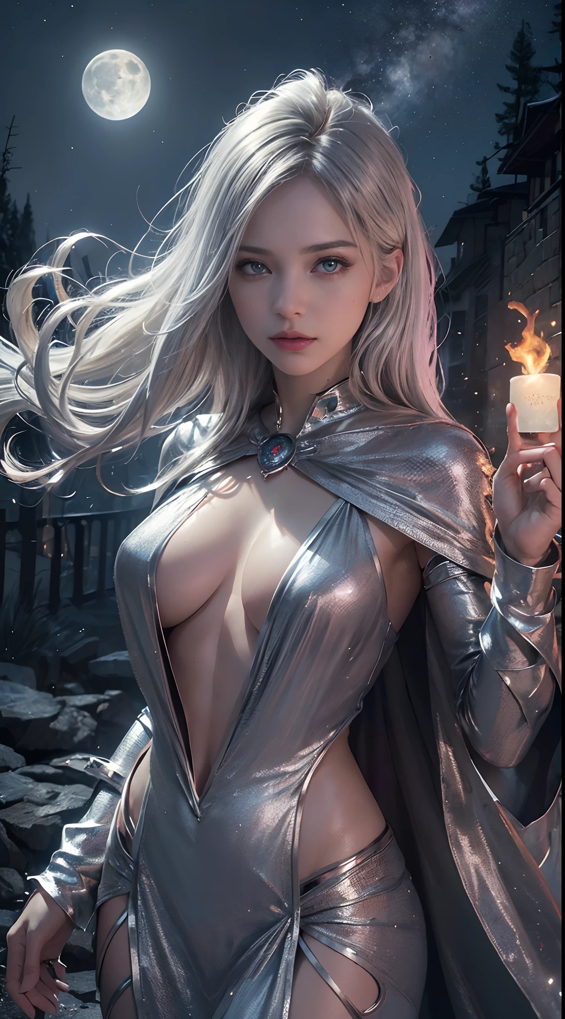 (( 8k, ultra detailed body, ultra detailed face, HDR, raw,sort skin))Tarot card style, 1 girl, the magician, magician fire and light cloak , medium chest, perfect body, perfect face, beautiful eyes, silver ash hair(( realistic: 2.1 )), stunning environment, night, moon, stars, fire flies